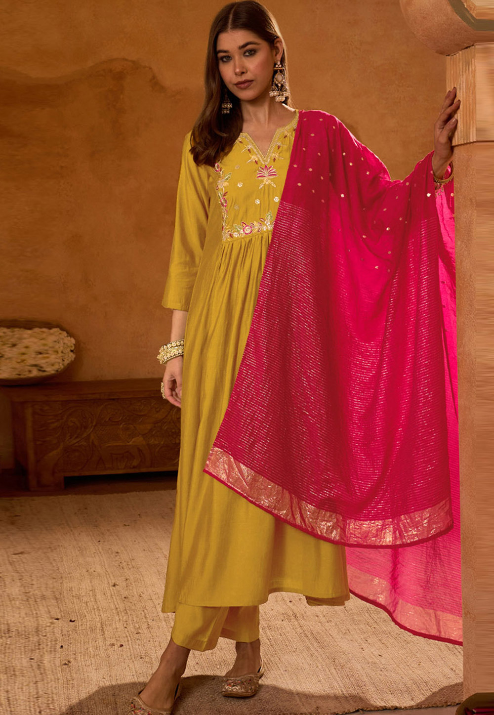 Mustard Silk Readymade Pant Style Suit 328783