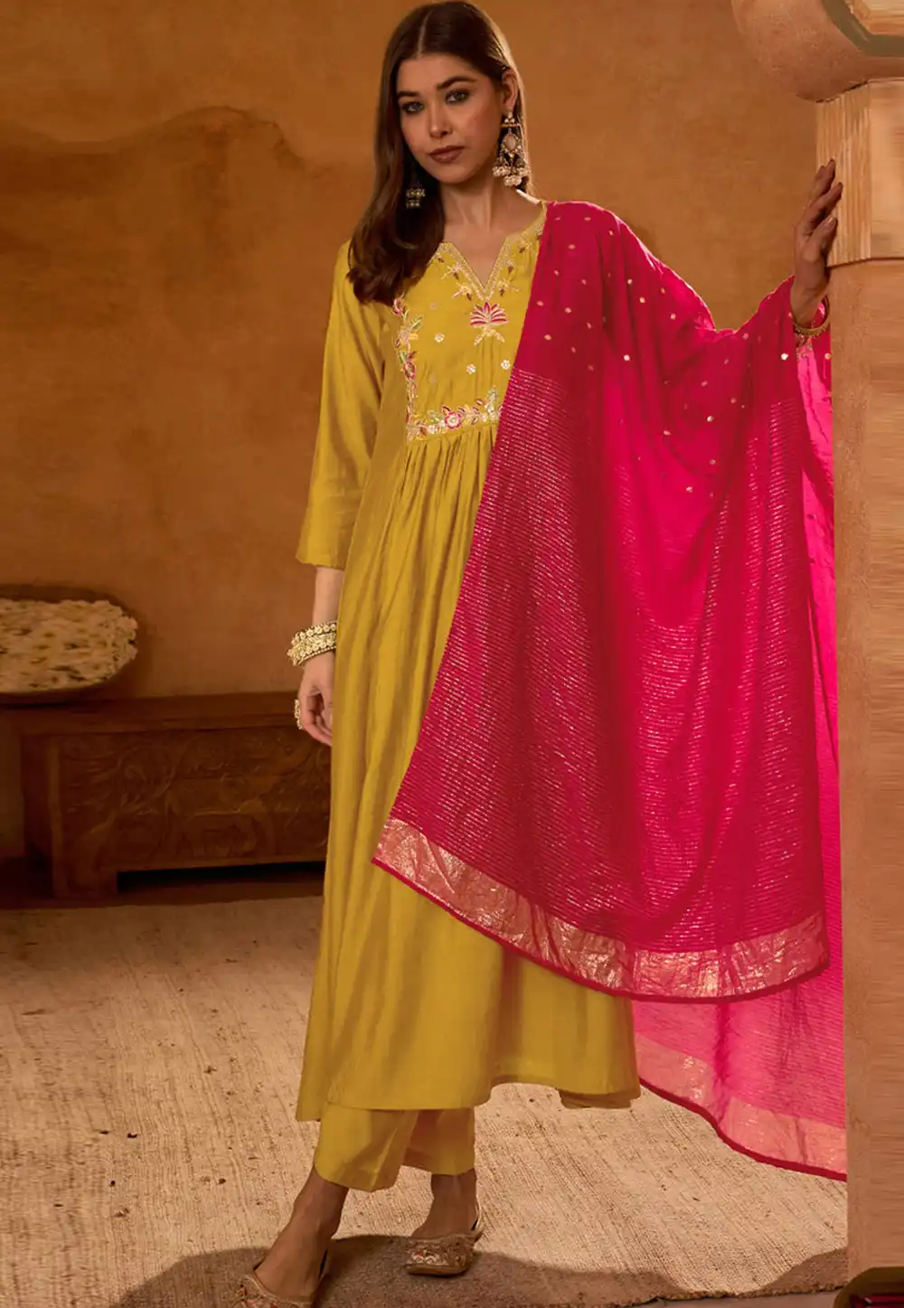 Mustard Silk Readymade Pant Style Suit 328783