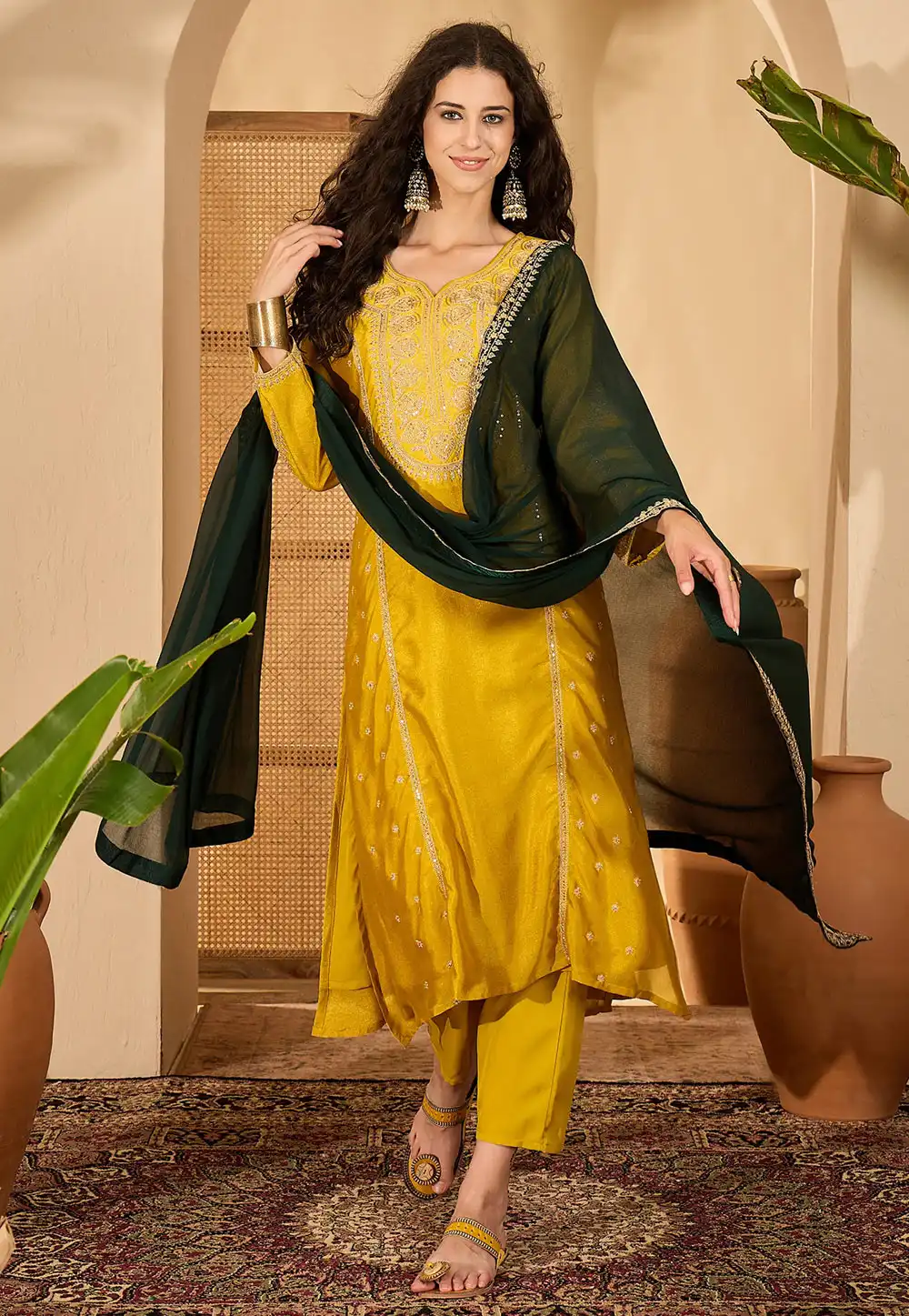 Mustard Silk Readymade Pant Style Suit 329568