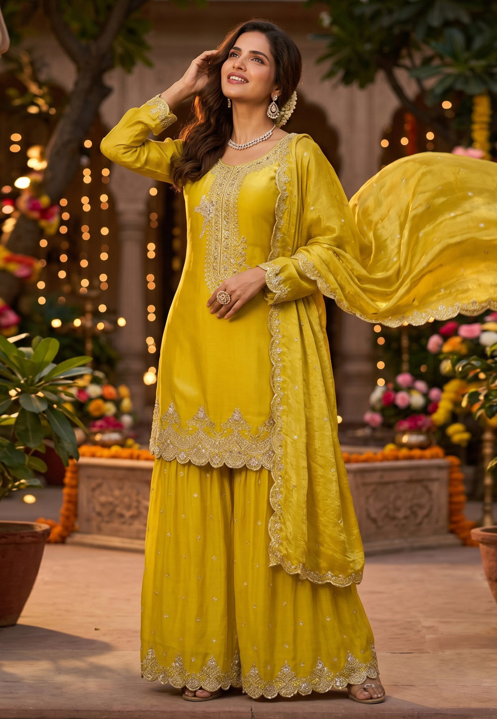Mustard Silk Readymade Sharara Suit 328686