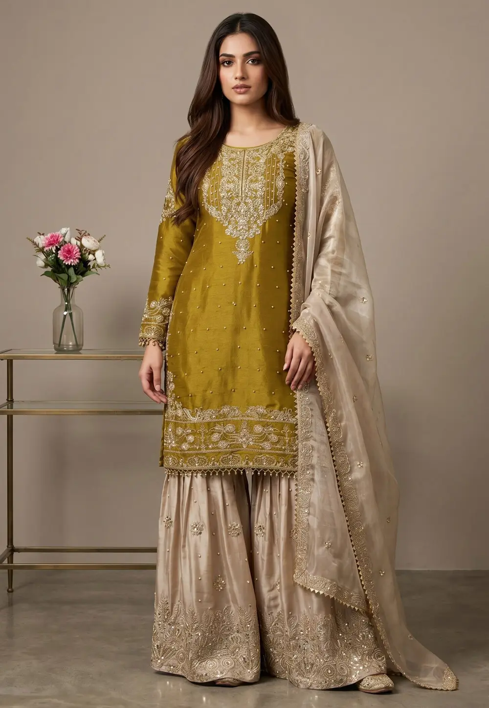 Mustard Silk Readymade Sharara Suit 332001