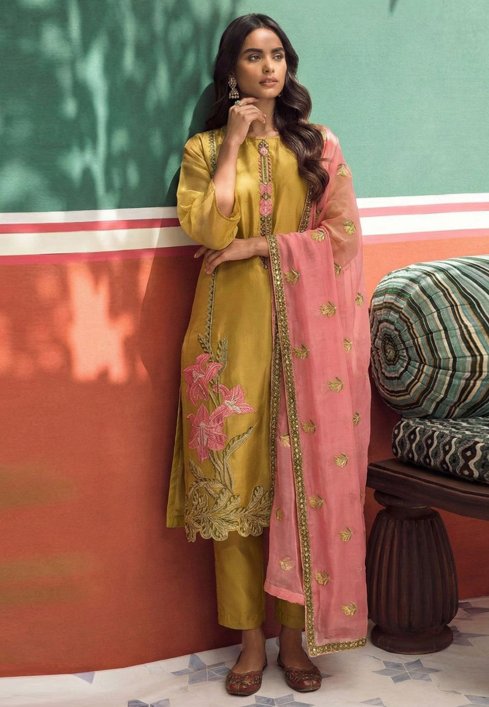 Mustard Silk Readymade Straight Suit 321496