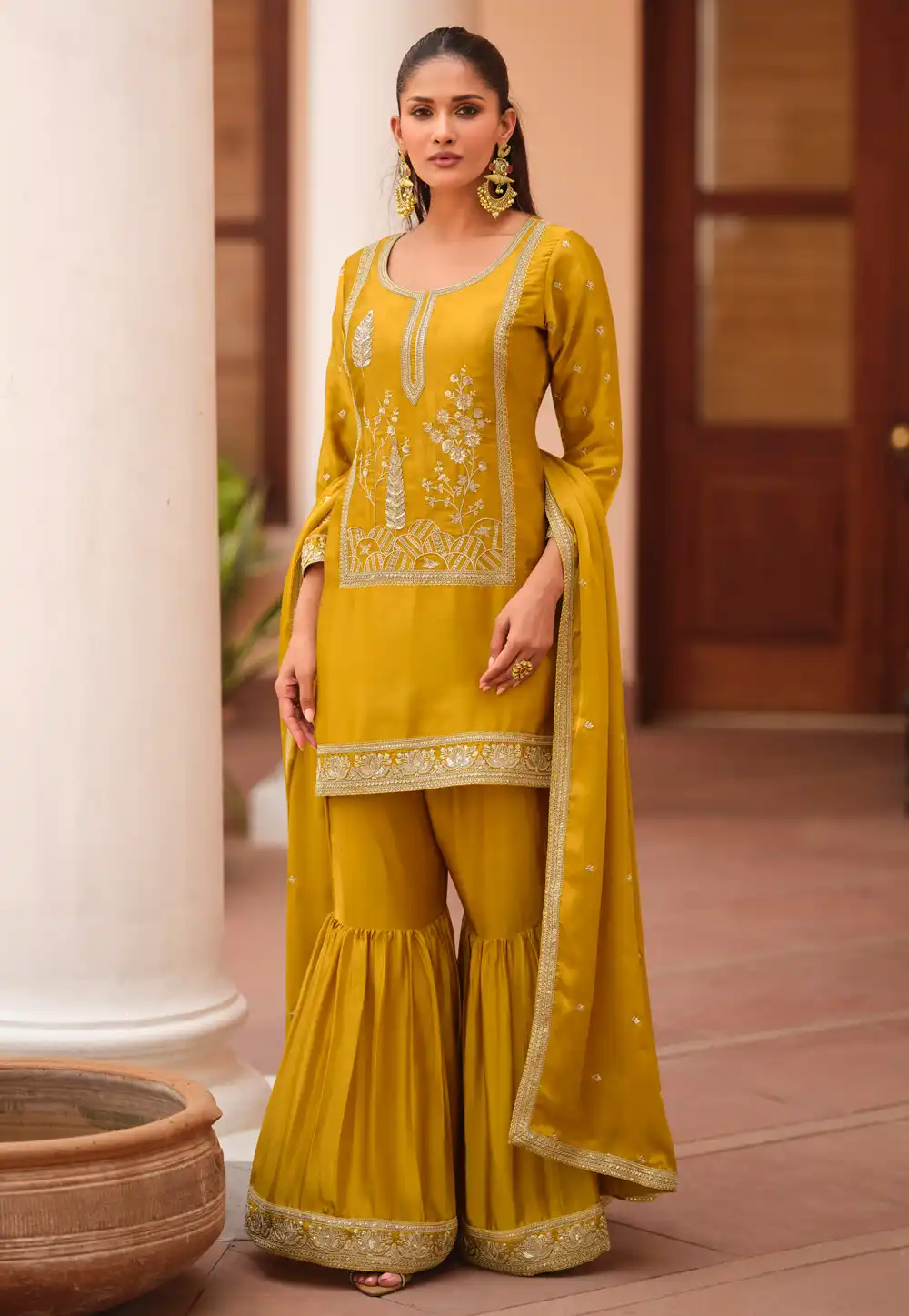 Mustard Silk Satin Gharara Suit 319178