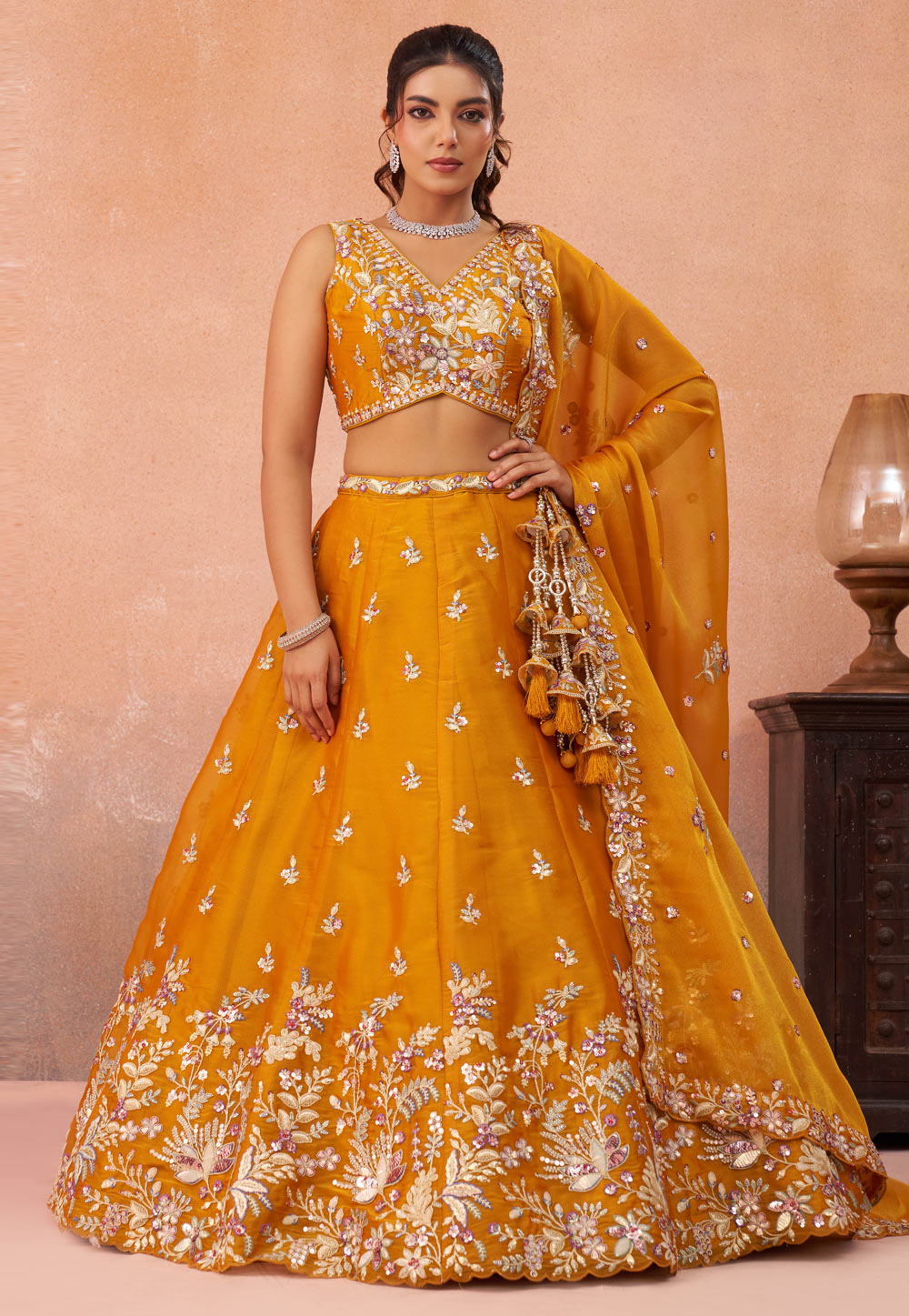 Mustard Tissue Lehenga Choli For Wedding 328211