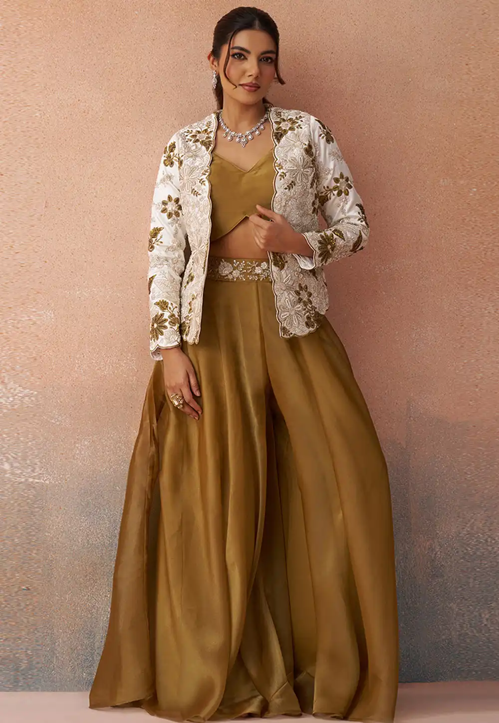 Mustard Tissue Palazzo With Crop Top 326280