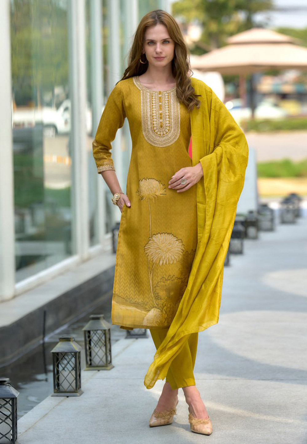 Mustard Tissue Readymade Pant Style Suit 312000