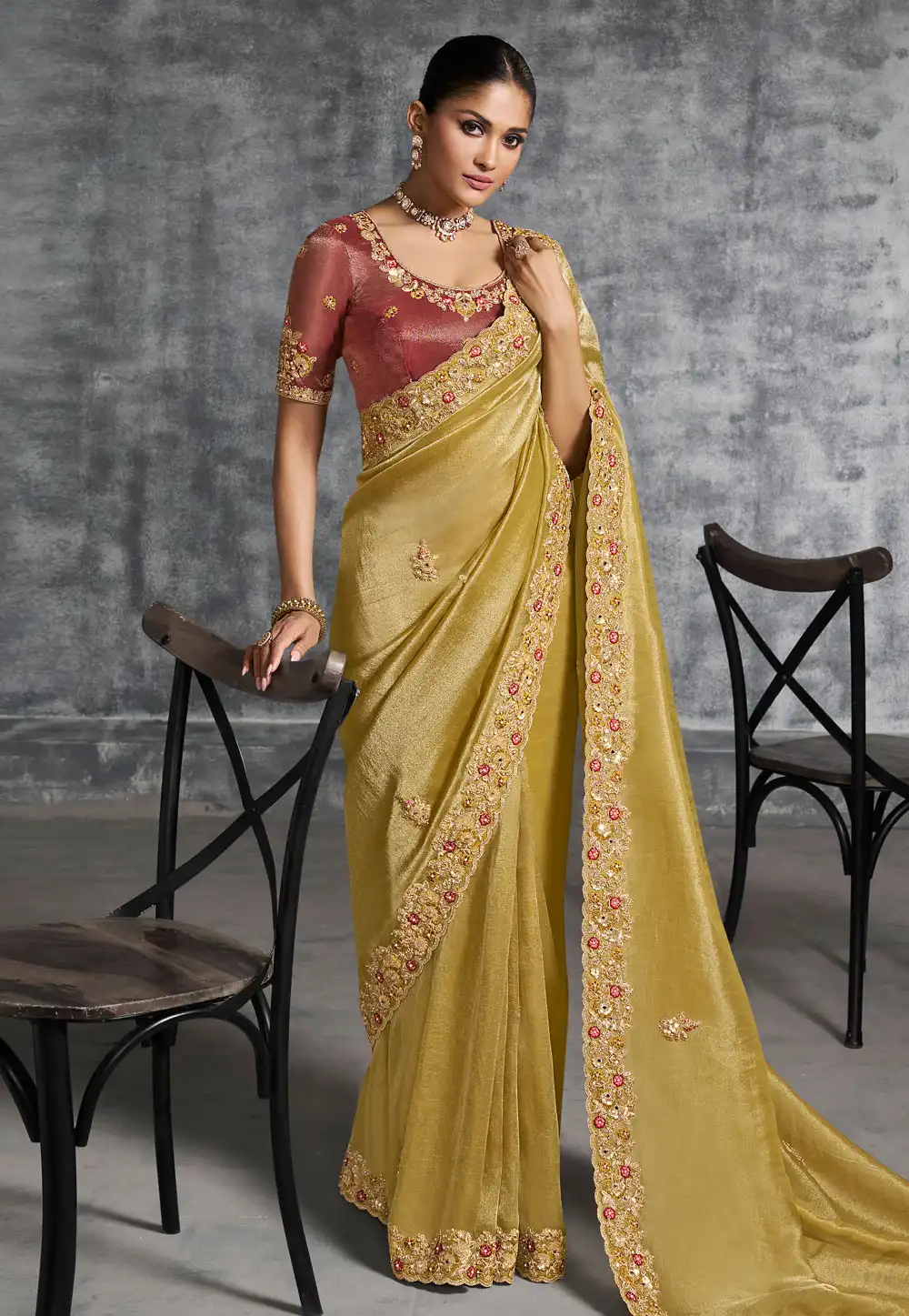 Mustard Tissue Saree With Blouse 317929