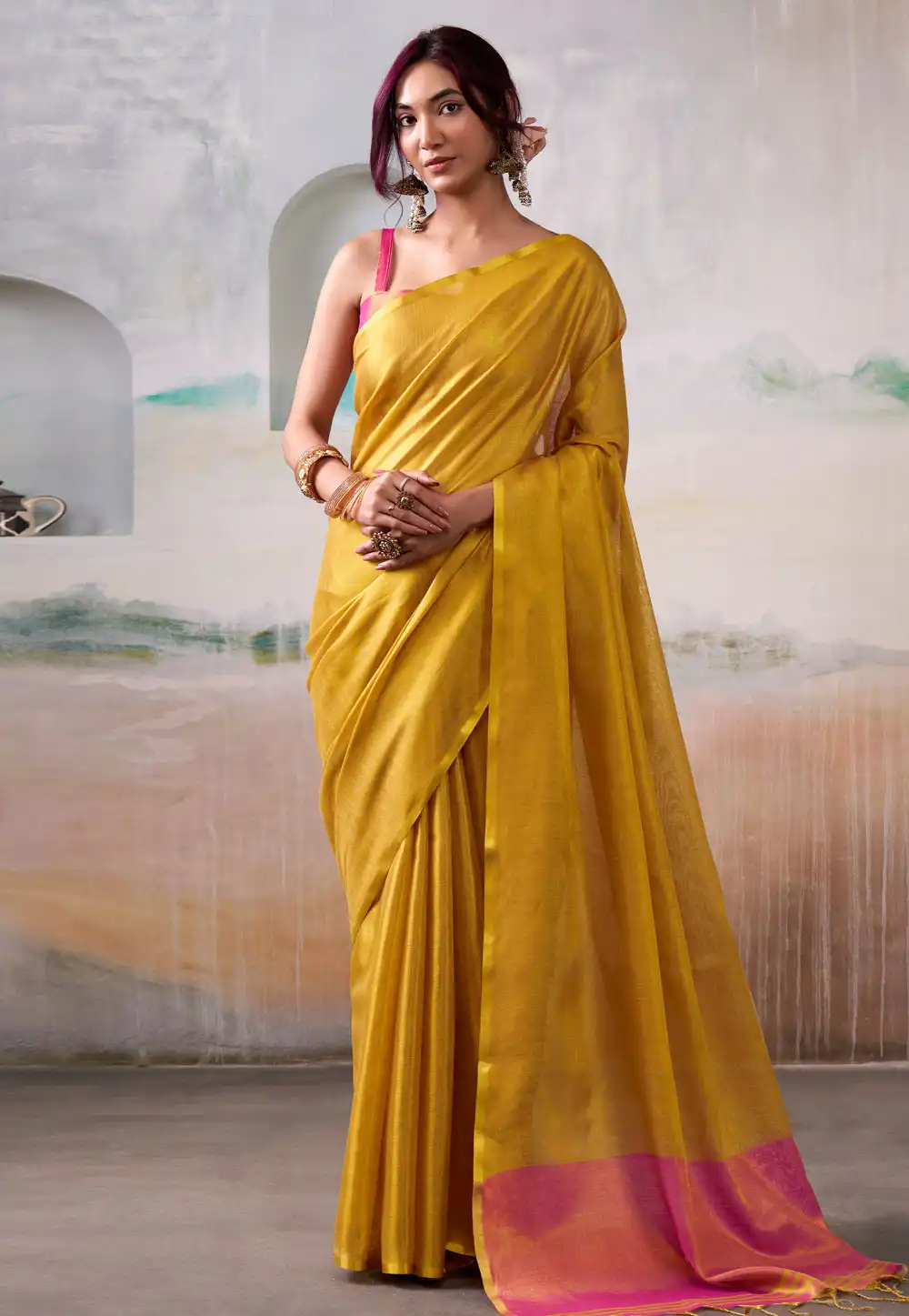 Mustard Tissue Saree With Blouse 320143
