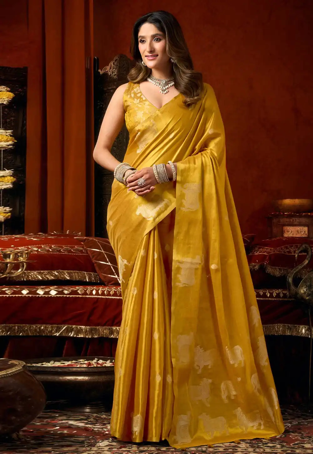 Mustard Tissue Silk Saree With Blouse 328161
