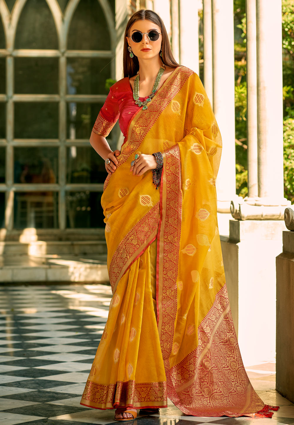 Mustard Tissue Silk Saree With Blouse 285963