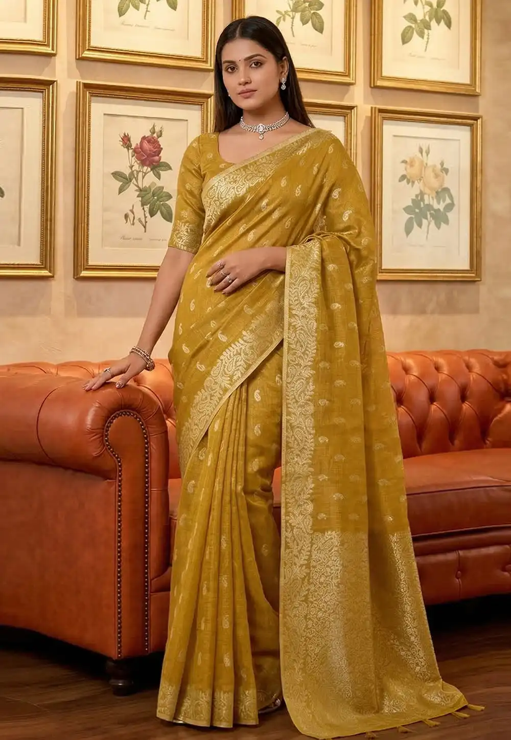 Mustard Tissue Silk Saree With Blouse 326687
