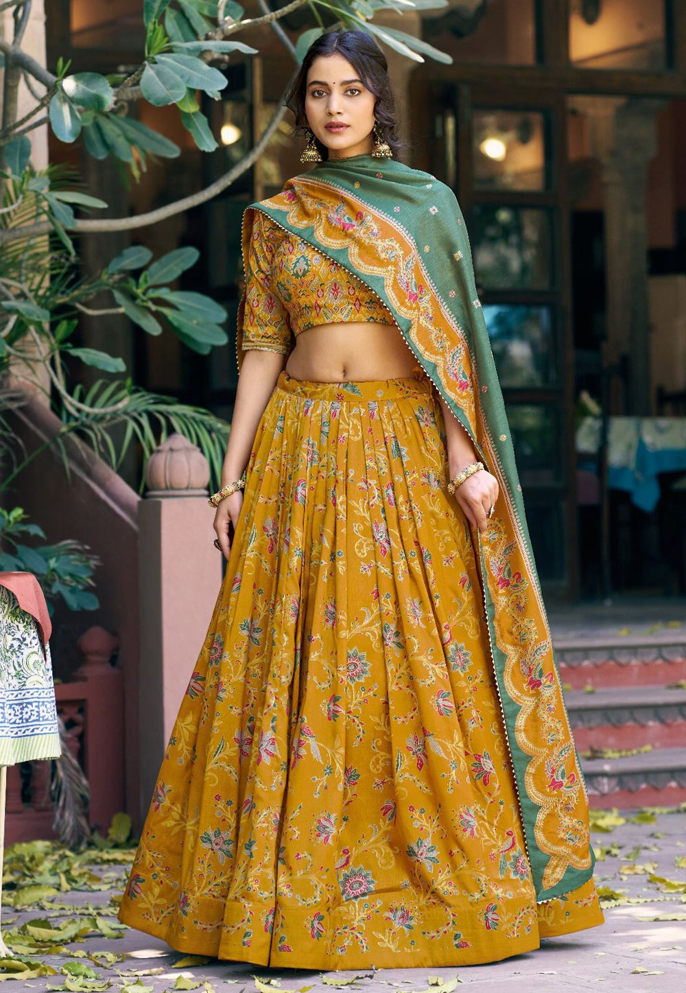 Mustard Tussar Silk Floral print Lehenga Choli 328156