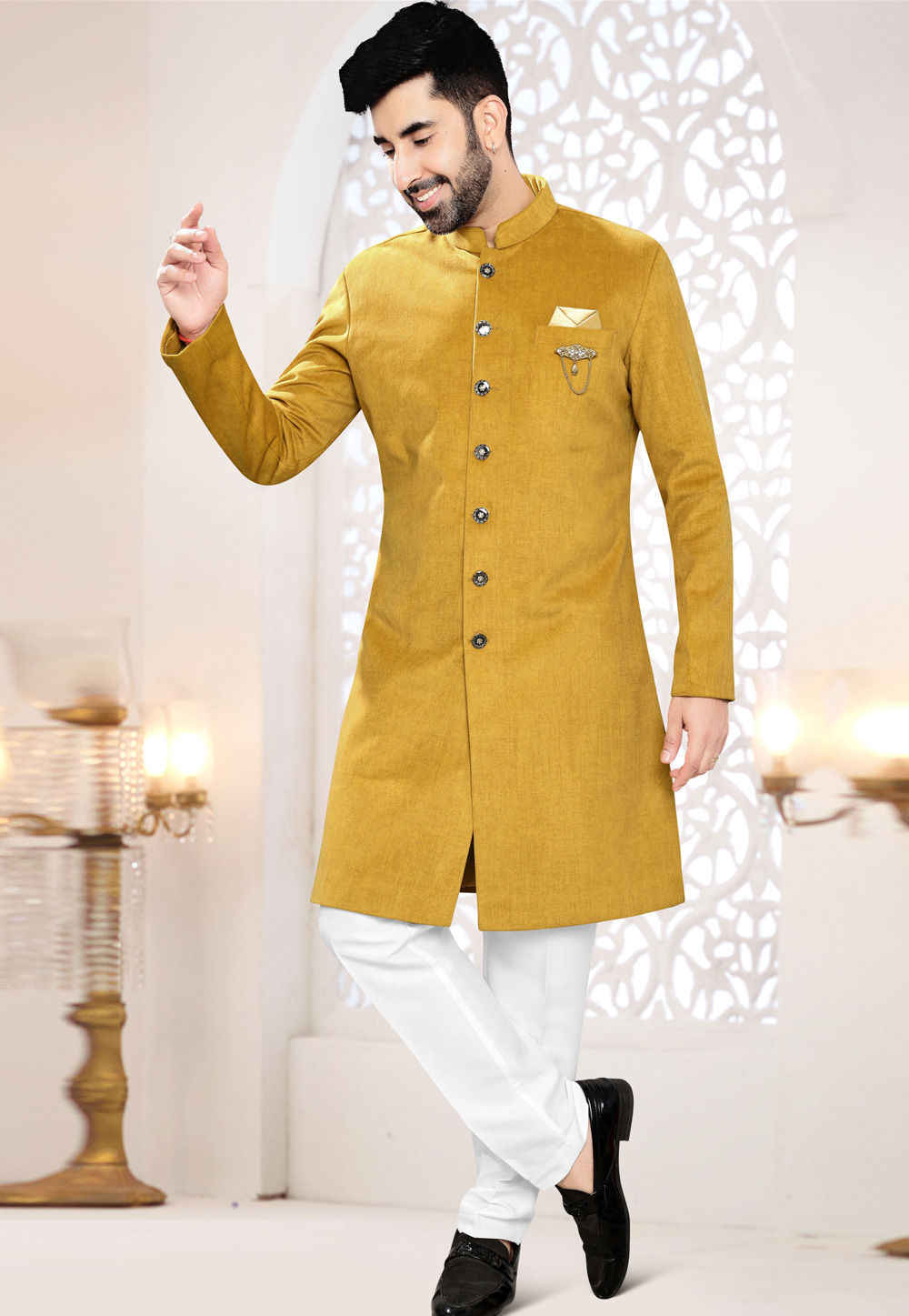 Mustard Velvet Indo Western Suit 306425