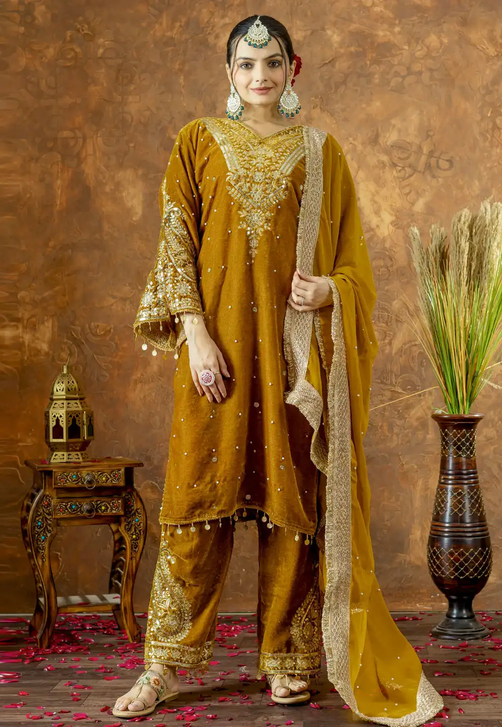 Mustard Velvet Readymade Designer Salwar Suit 322237