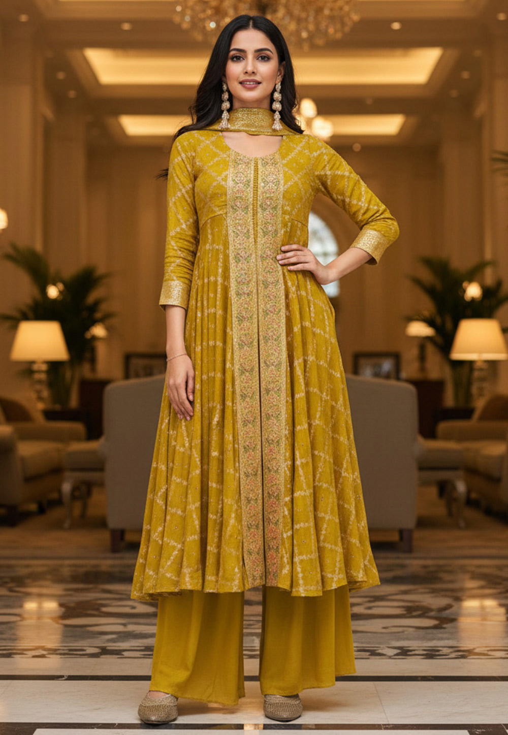 Mustard Viscose Jacquard Palazzo Suit 330386