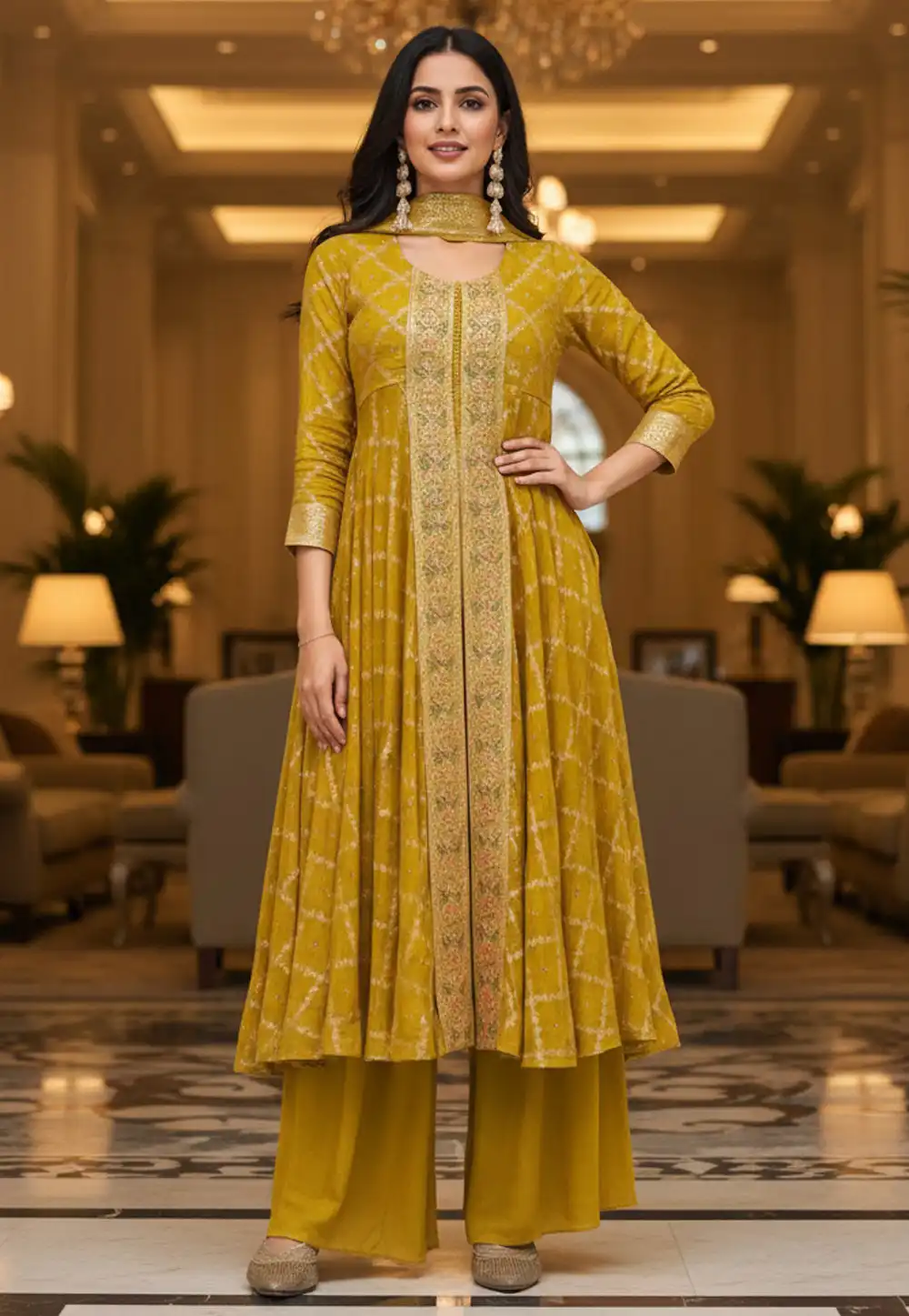 Mustard Viscose Jacquard Palazzo Suit 330386