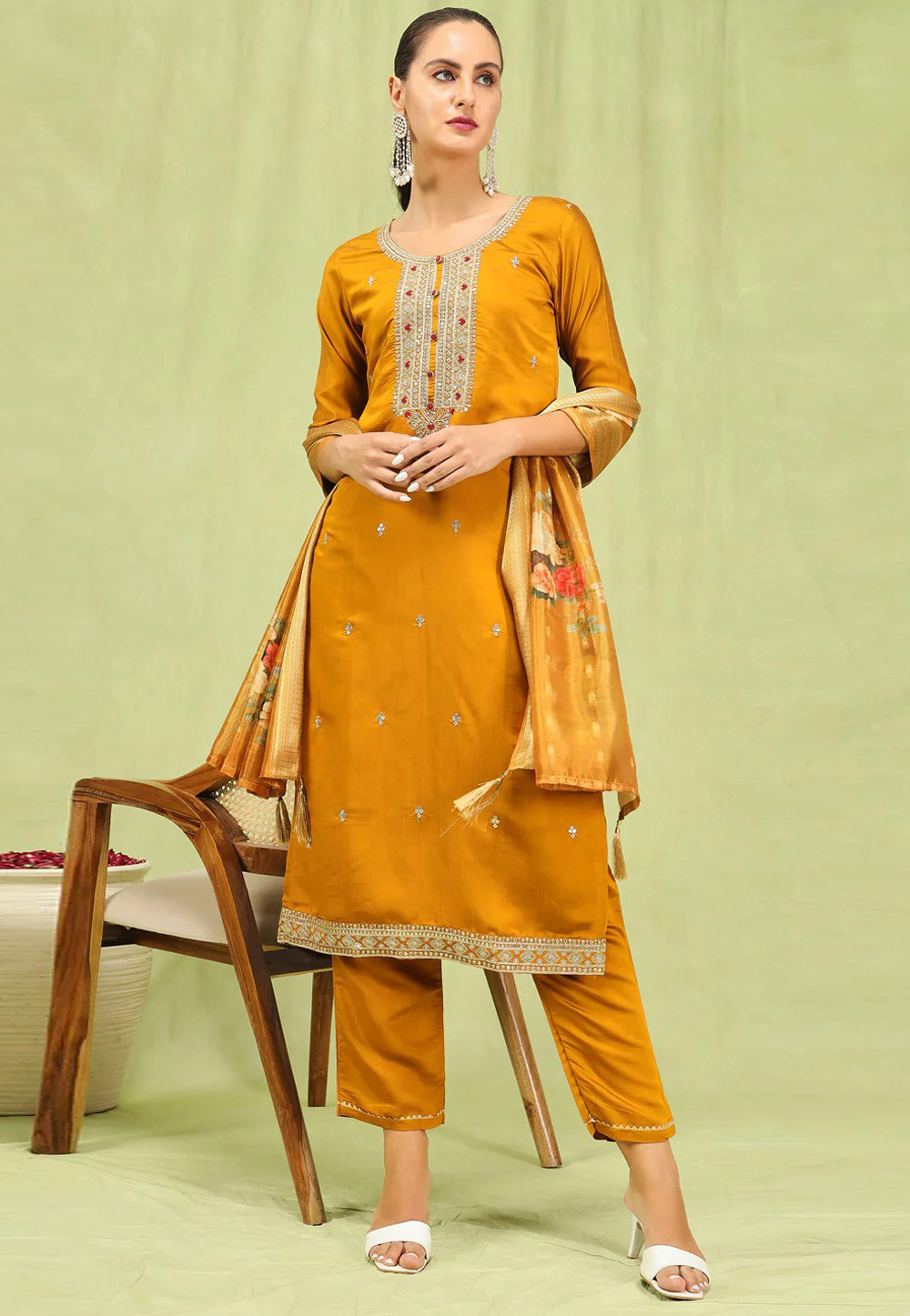 Mustard Viscose Rayon Readymade Pakistani Suit 308121