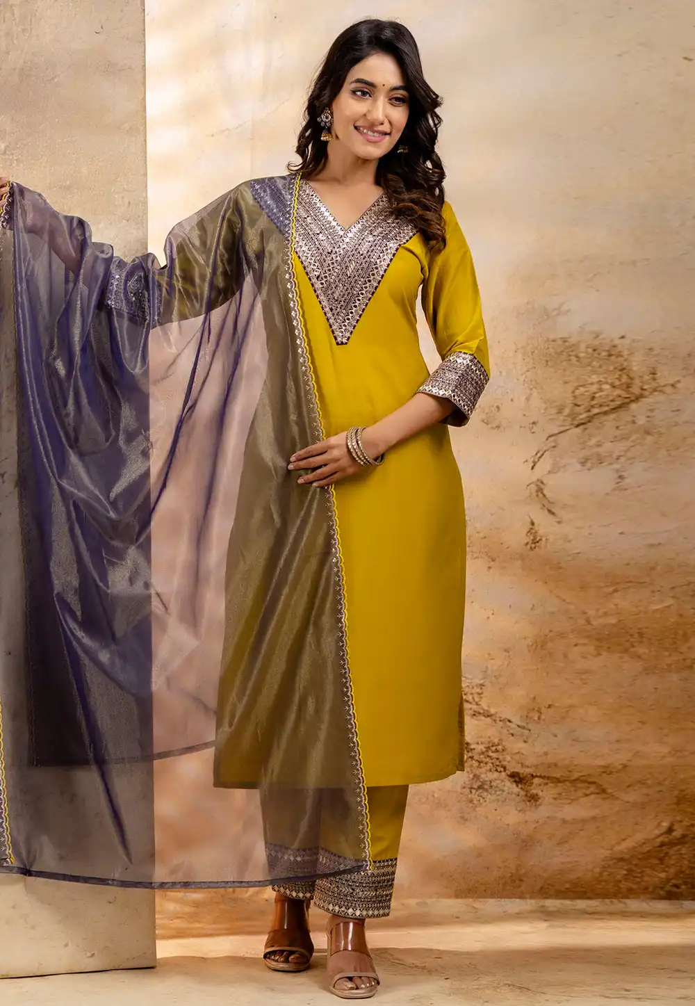Mustard Viscose Rayon Readymade Pakistani Suit 329982