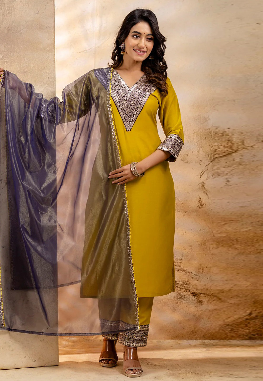 Mustard Viscose Rayon Readymade Pant Style Suit 307087