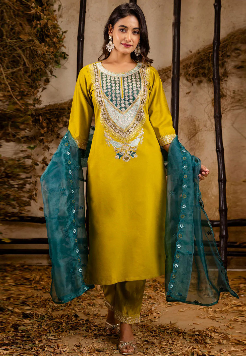 Mustard Viscose Rayon Readymade Pant Style Suit 307564