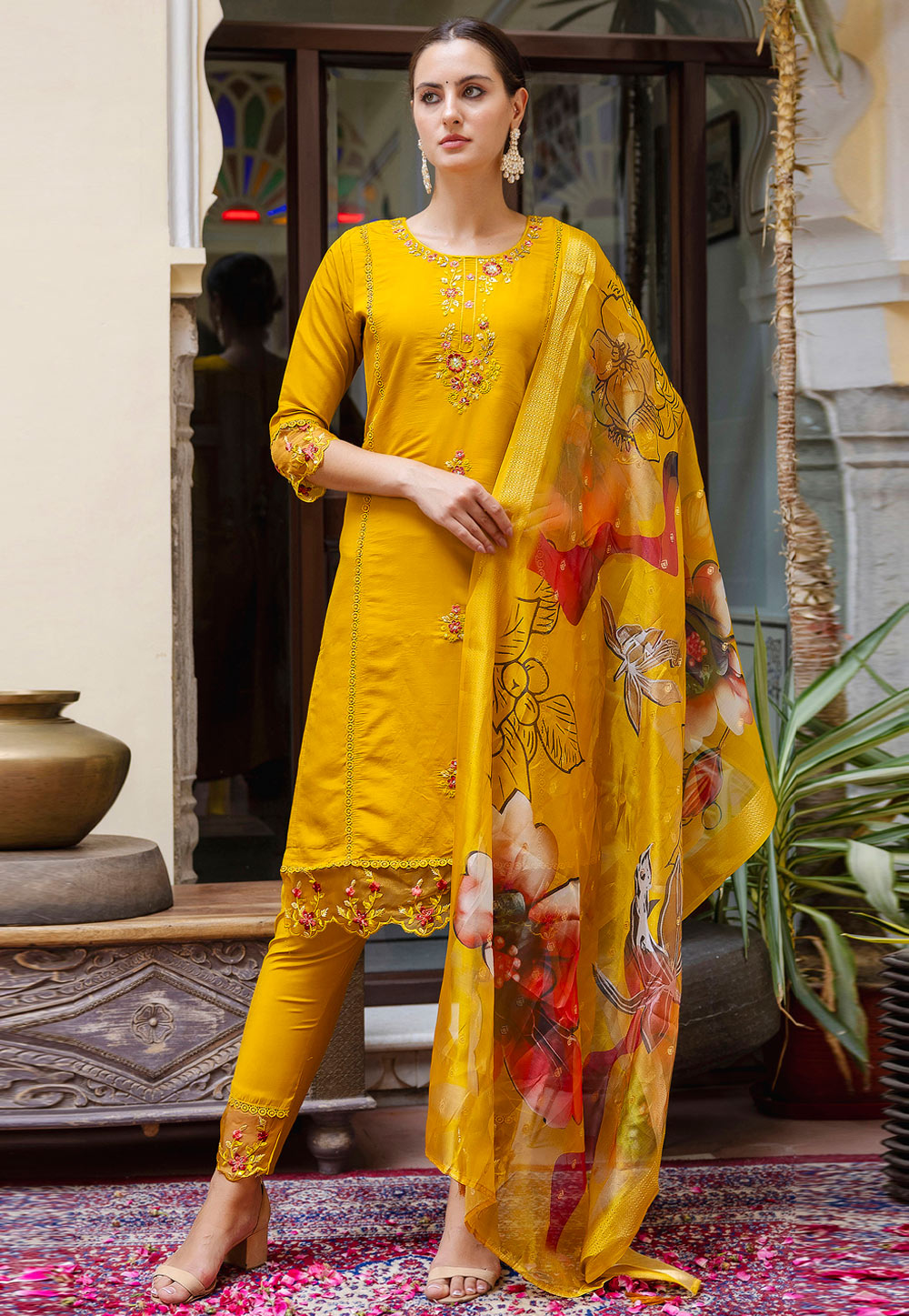 Mustard Viscose Readymade Pant Style Suit 308507
