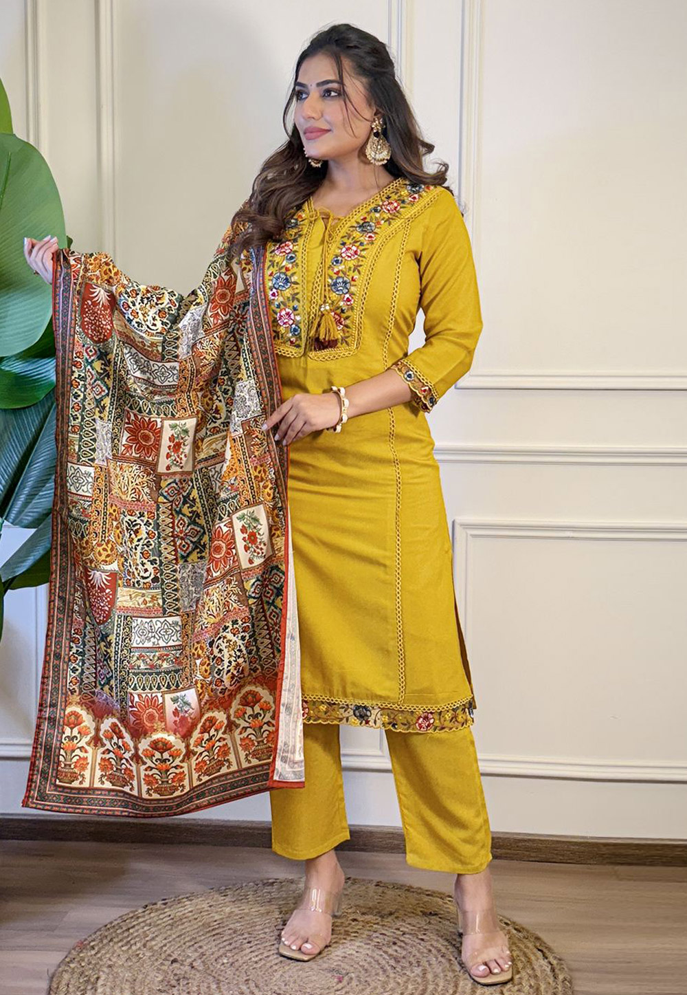 Mustard Viscose Readymade Pant Style Suit 312334
