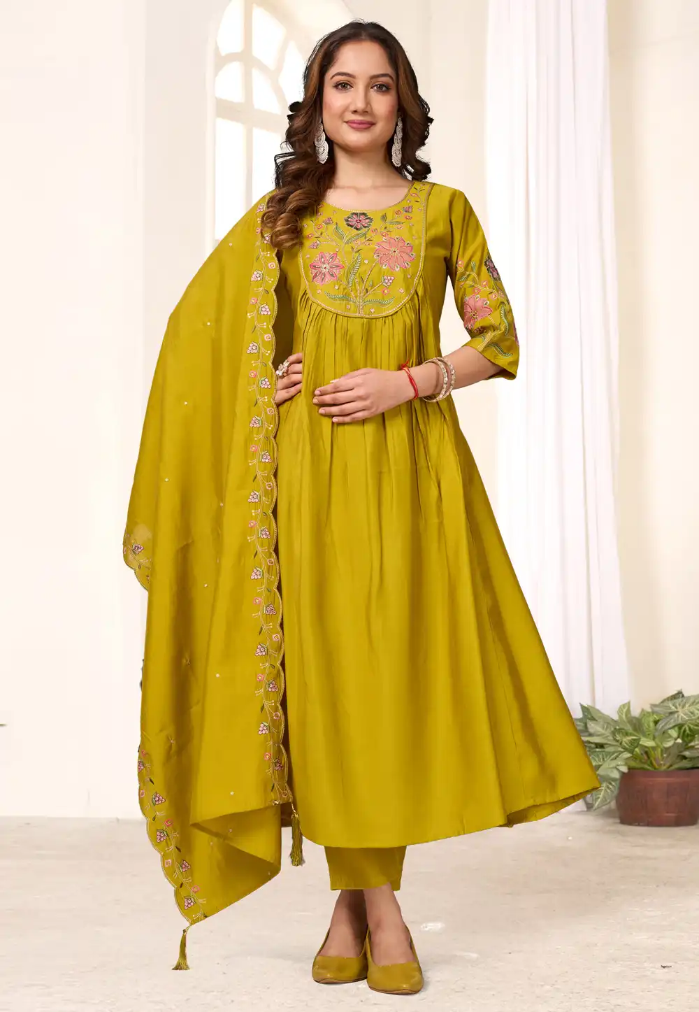 Mustard Viscose Readymade Pant Style Suit 321420