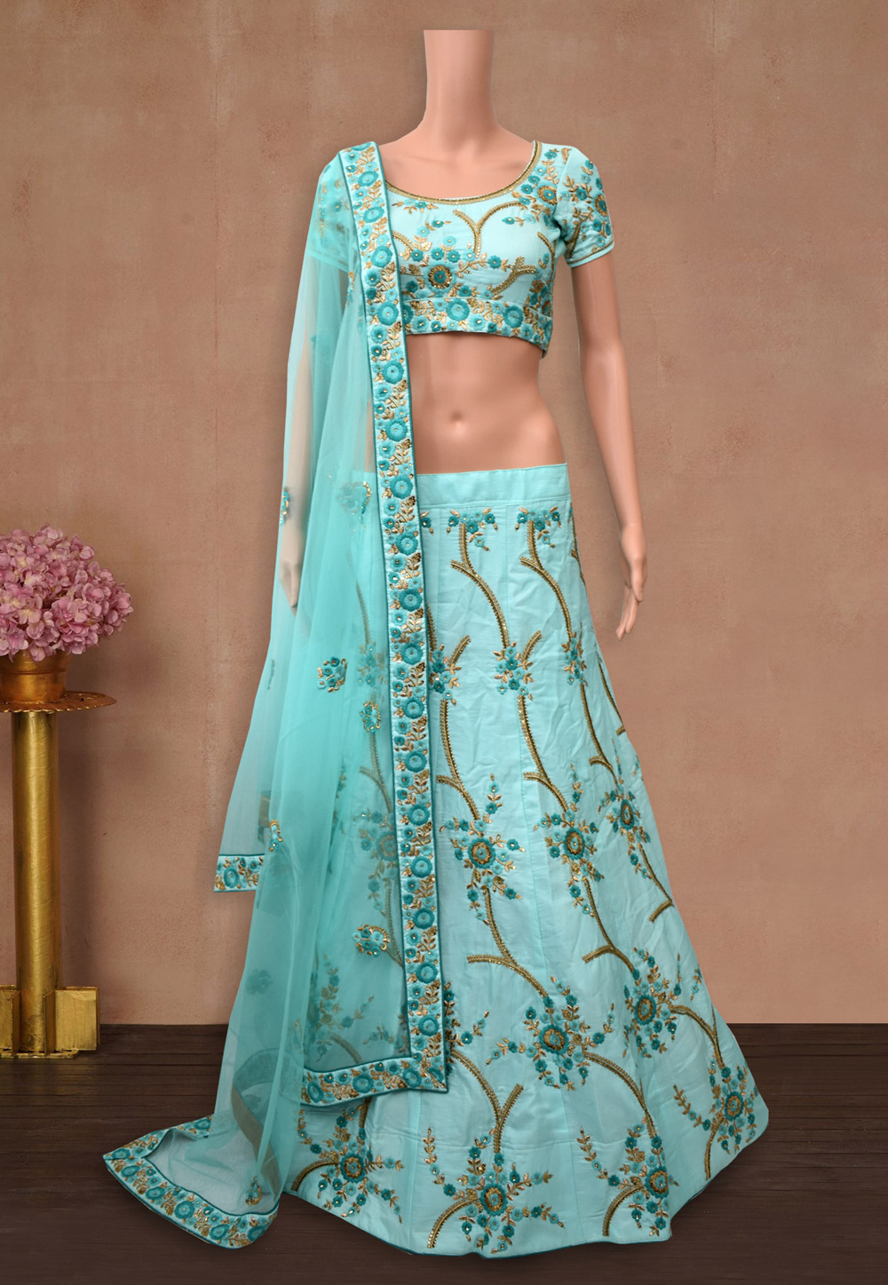 Sky Blue Silk Embroidered Lehenga Choli 225154