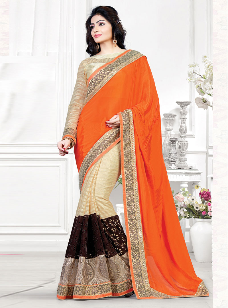 Orange Chinon Party Wear Saree 85393