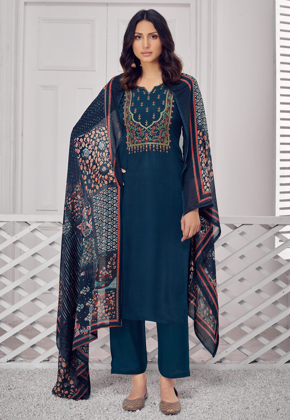 Navy Blue Upada Silk Pant Style Suit 234826