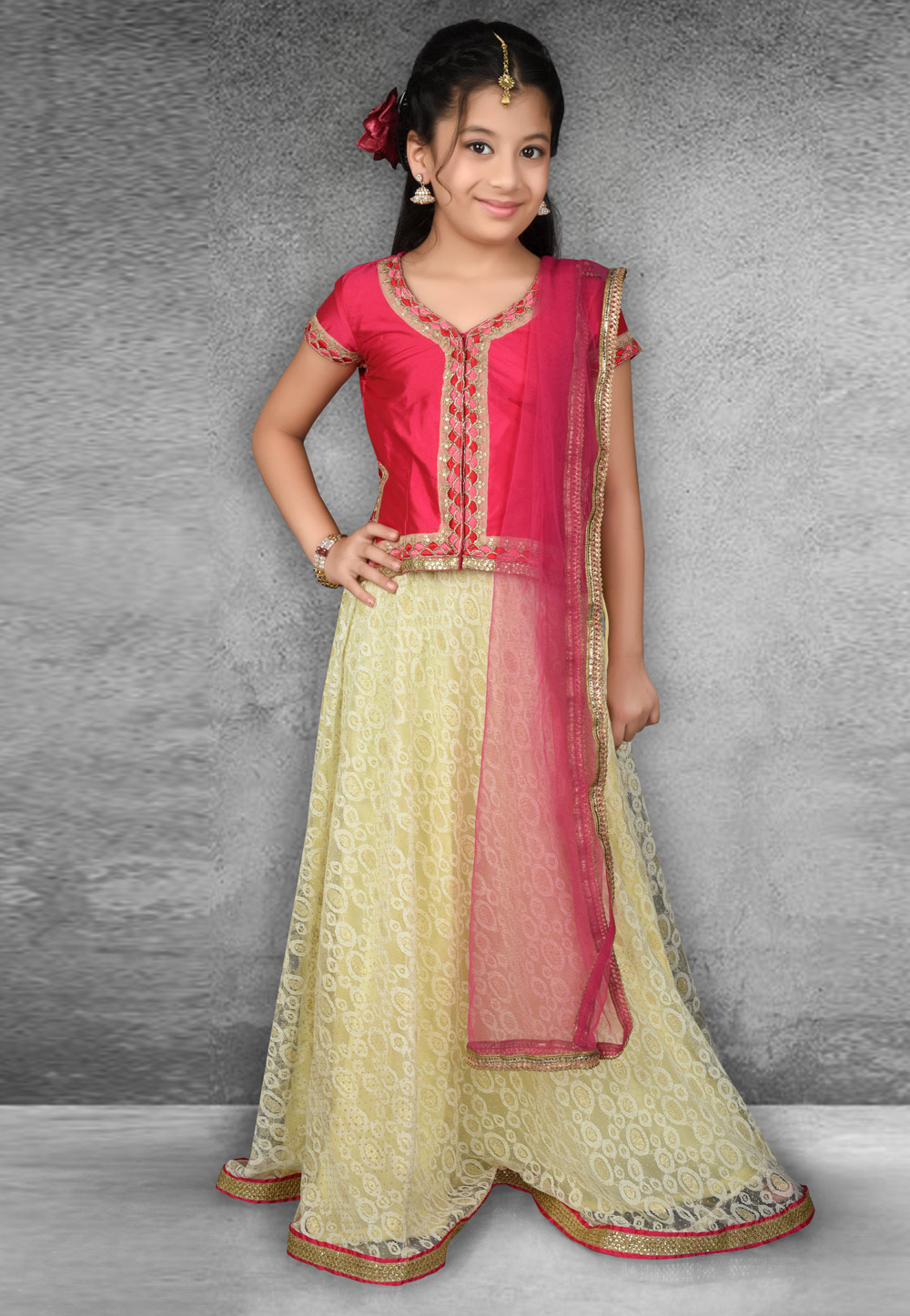 Beige Net Kids Lehenga Choli 217105