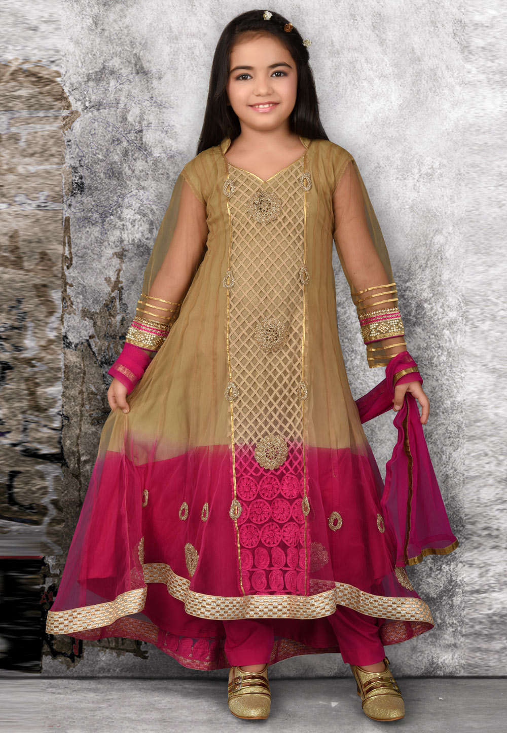 Beige Net Kids Salwar Suit 217107