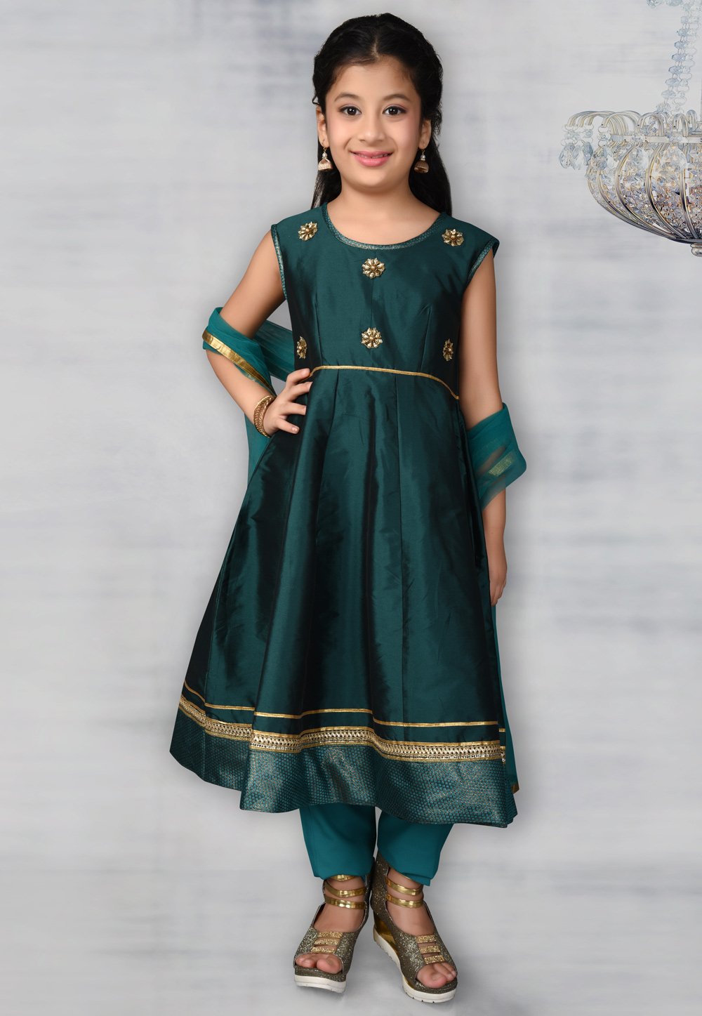 Teal Taffeta Kids Pant Style Suit 217109