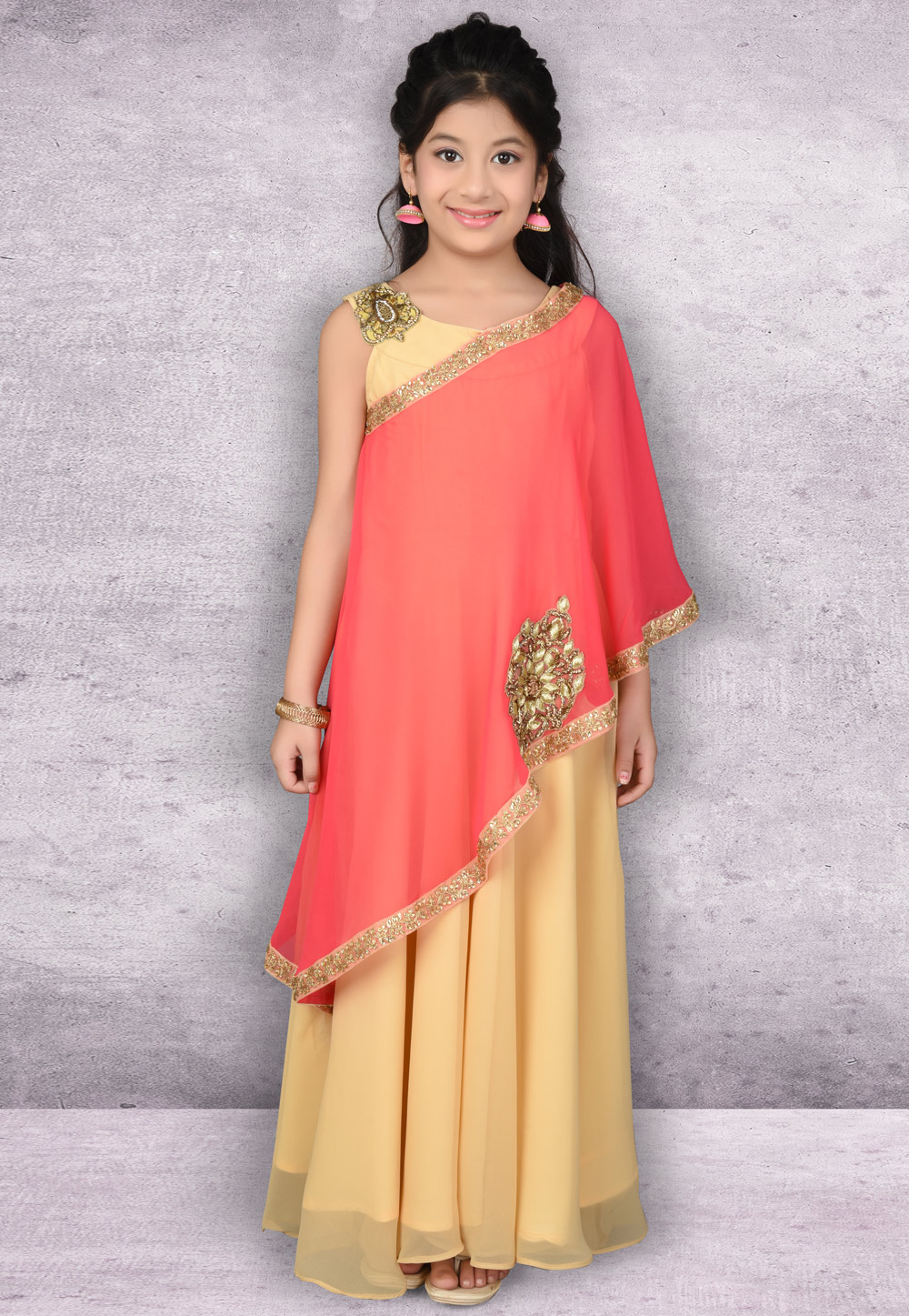 Beige Faux Georgette Kids Designer Gown 217110