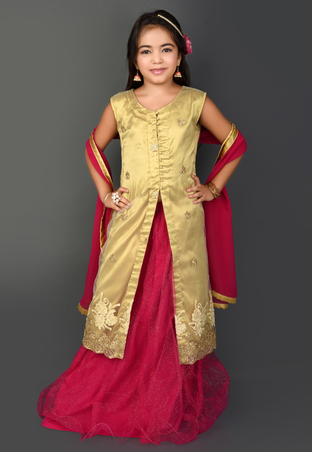 Golden Net Kids Lehenga Choli 217111