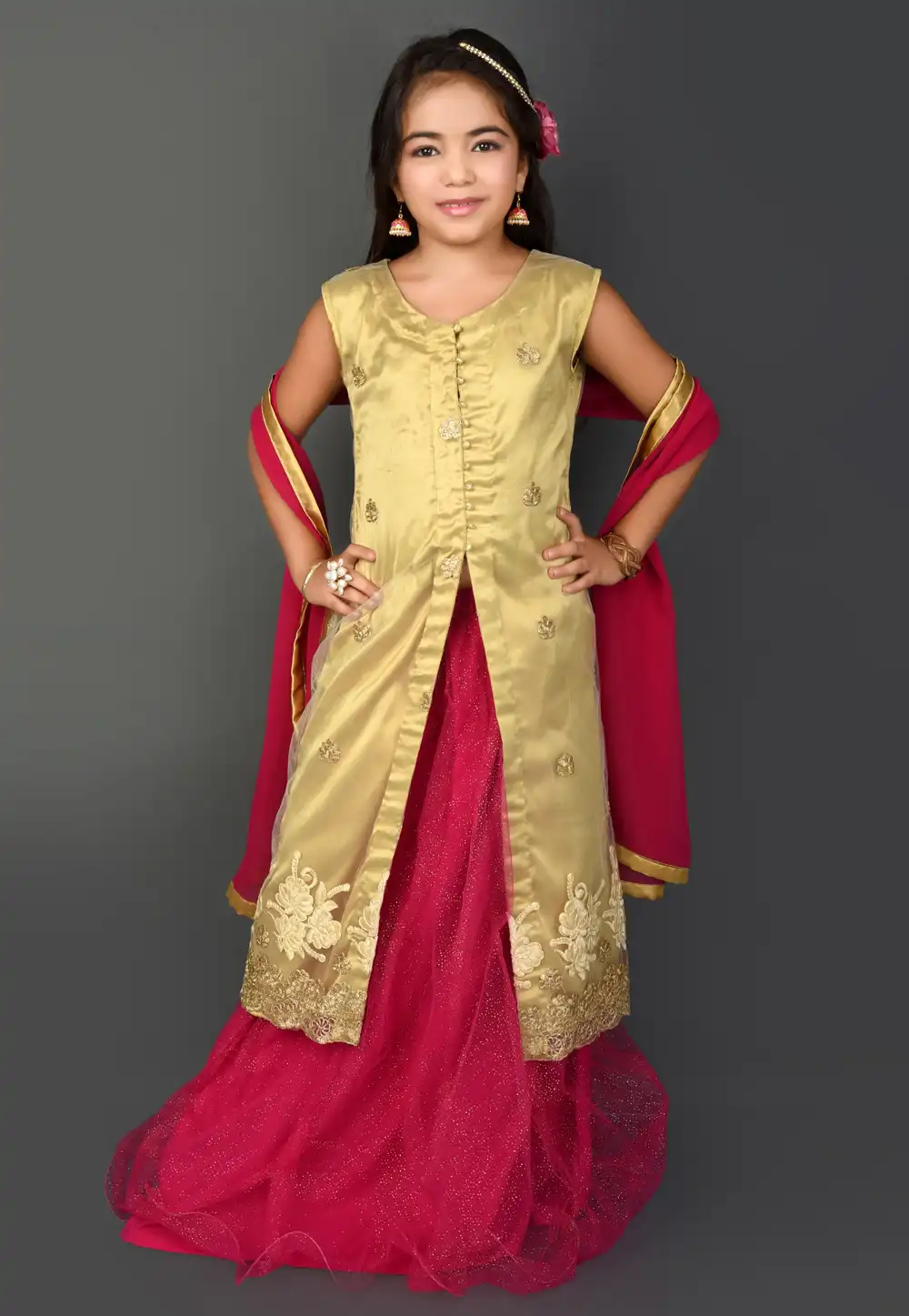 Golden Net Kids Lehenga Choli 217111