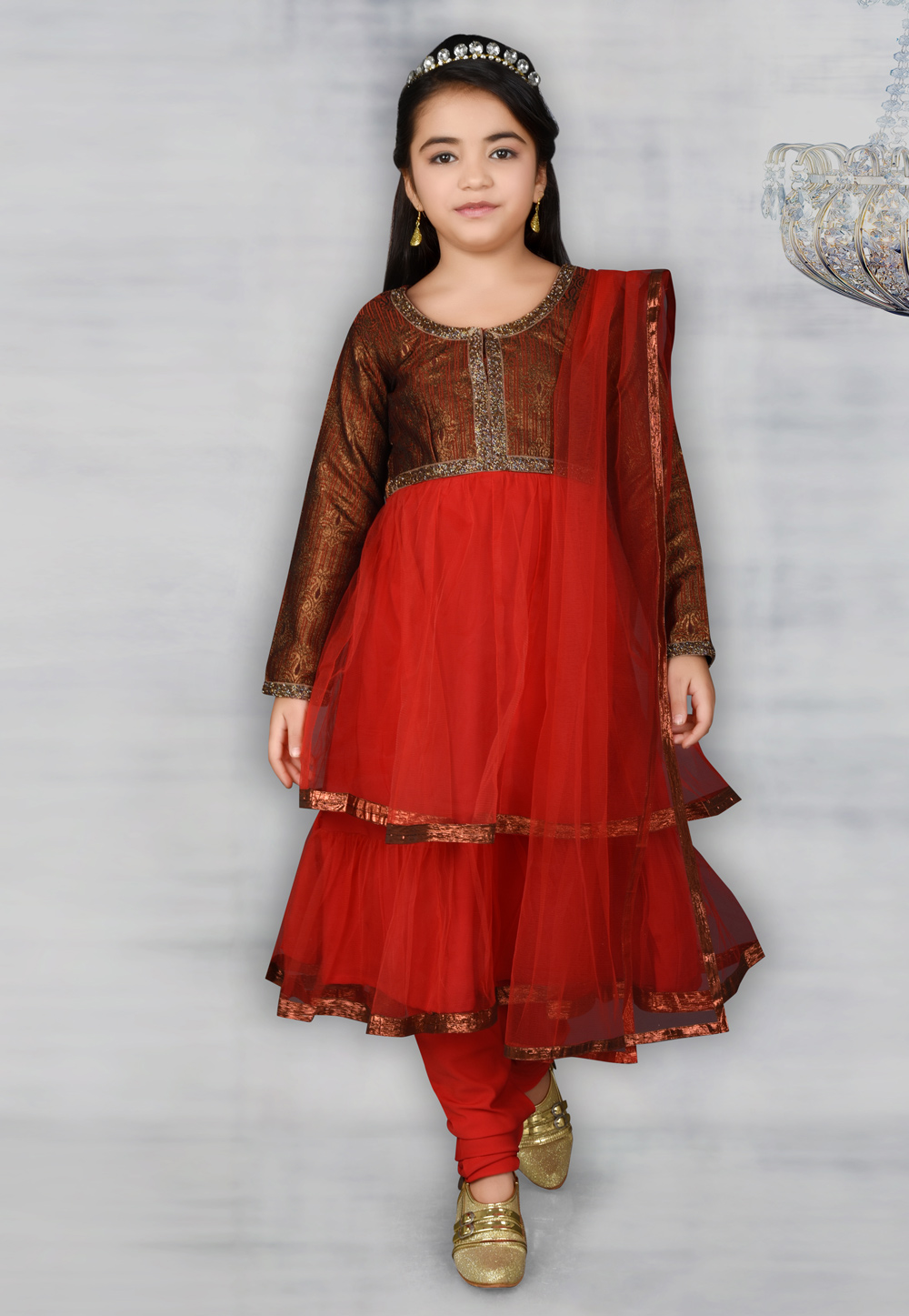 Red Brocade Kids Salwar Kameez 217116