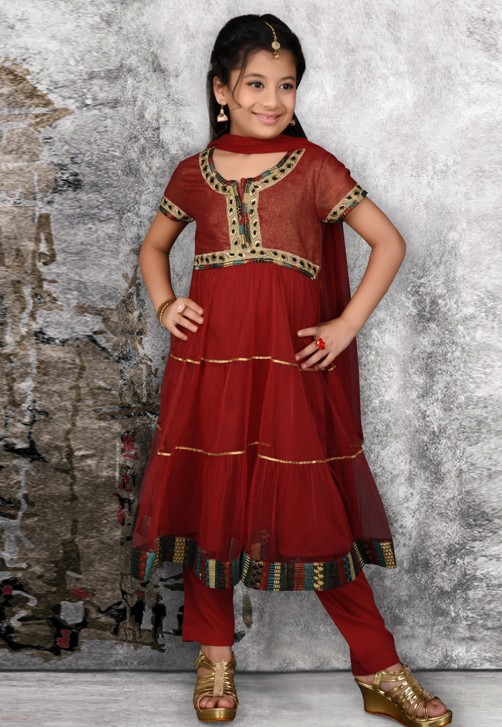 Maroon Shimmer Georgette Kids Pant Style Suit 217117