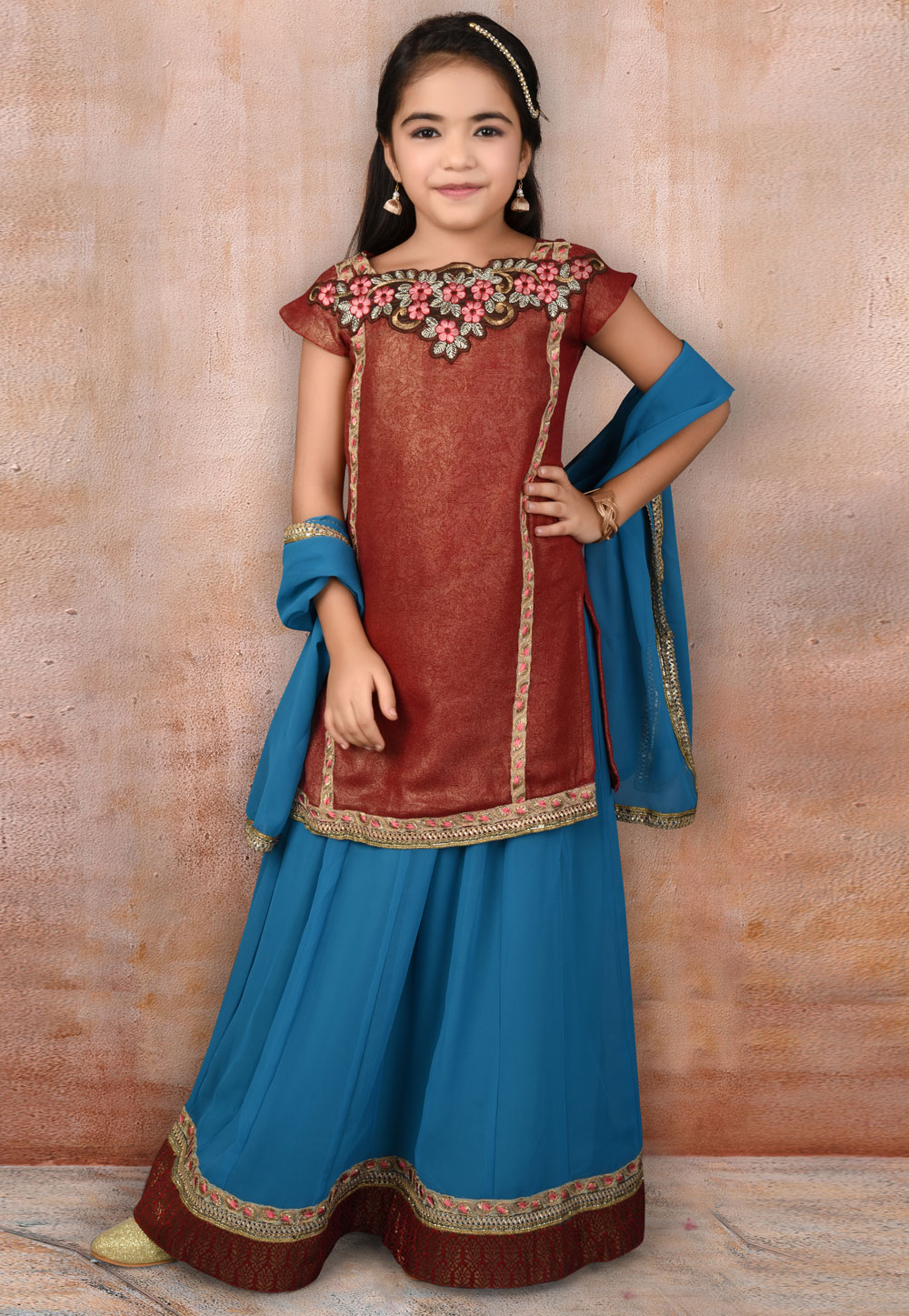 Maroon Faux Georgette Kids Lehenga Choli 217118