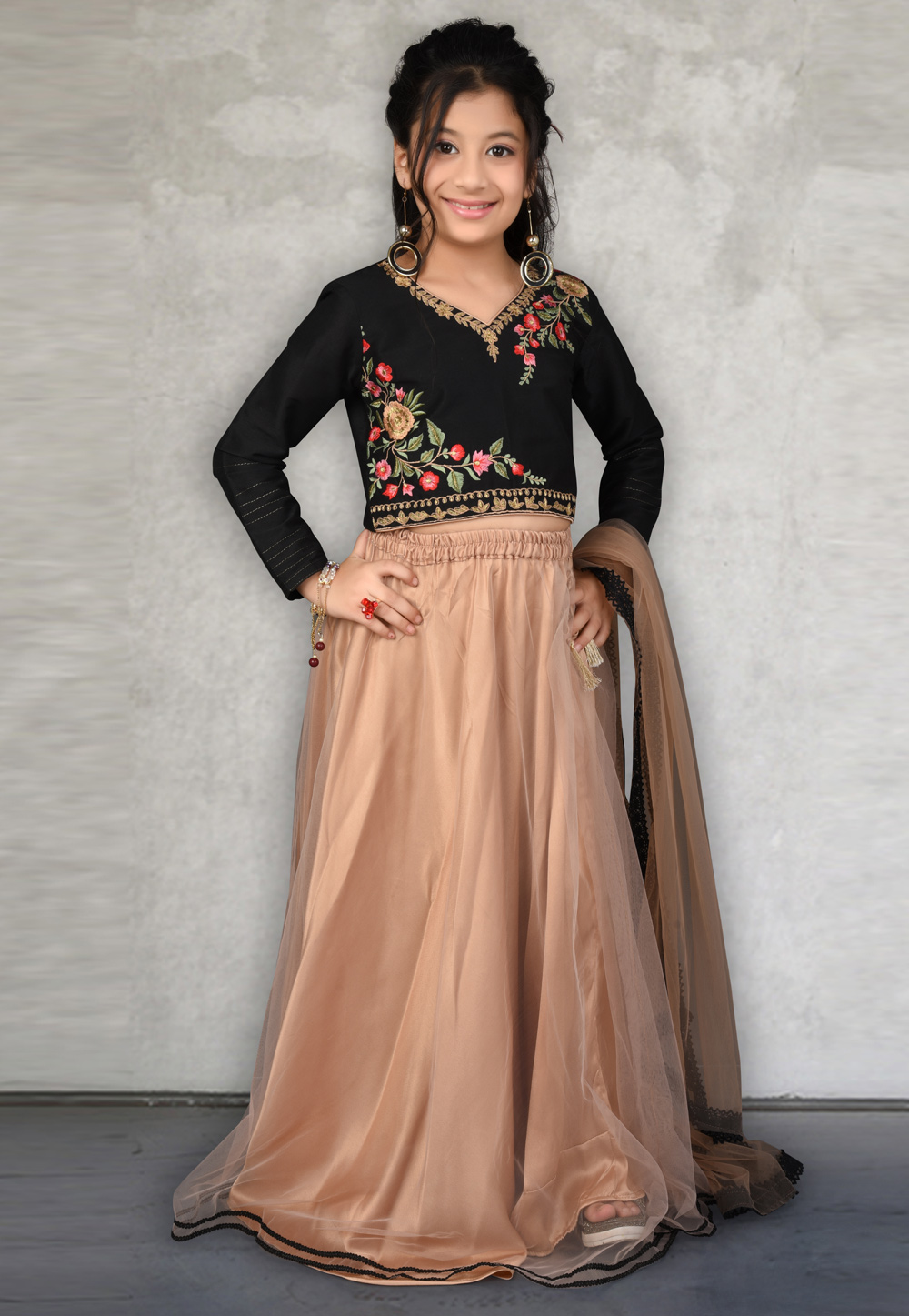Peach Net Kids Lehenga Choli 217119
