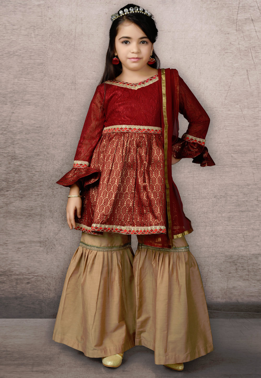Maroon Net Kids Sharara Suit 217120
