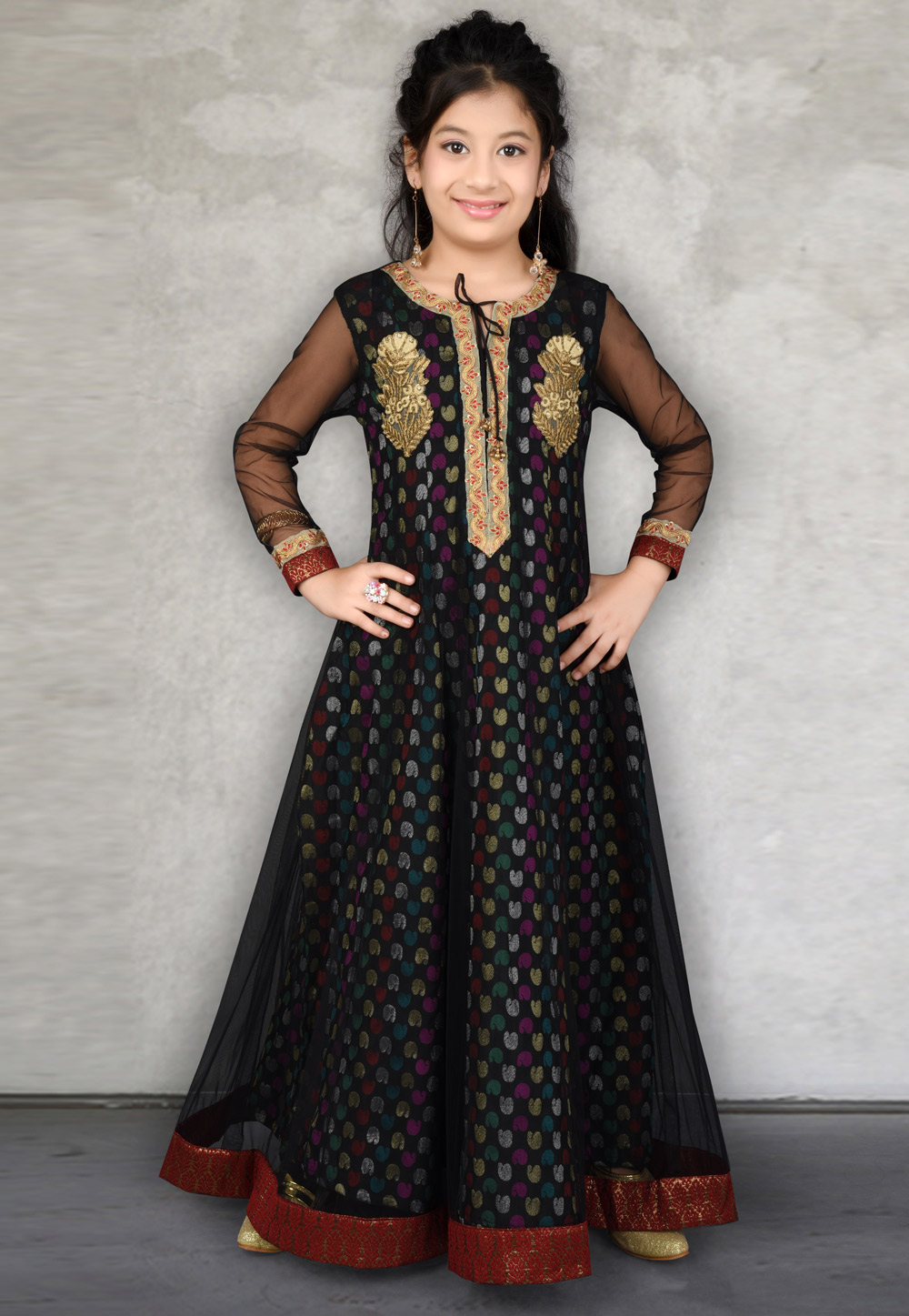 Black Brocade Kids Gown 217122