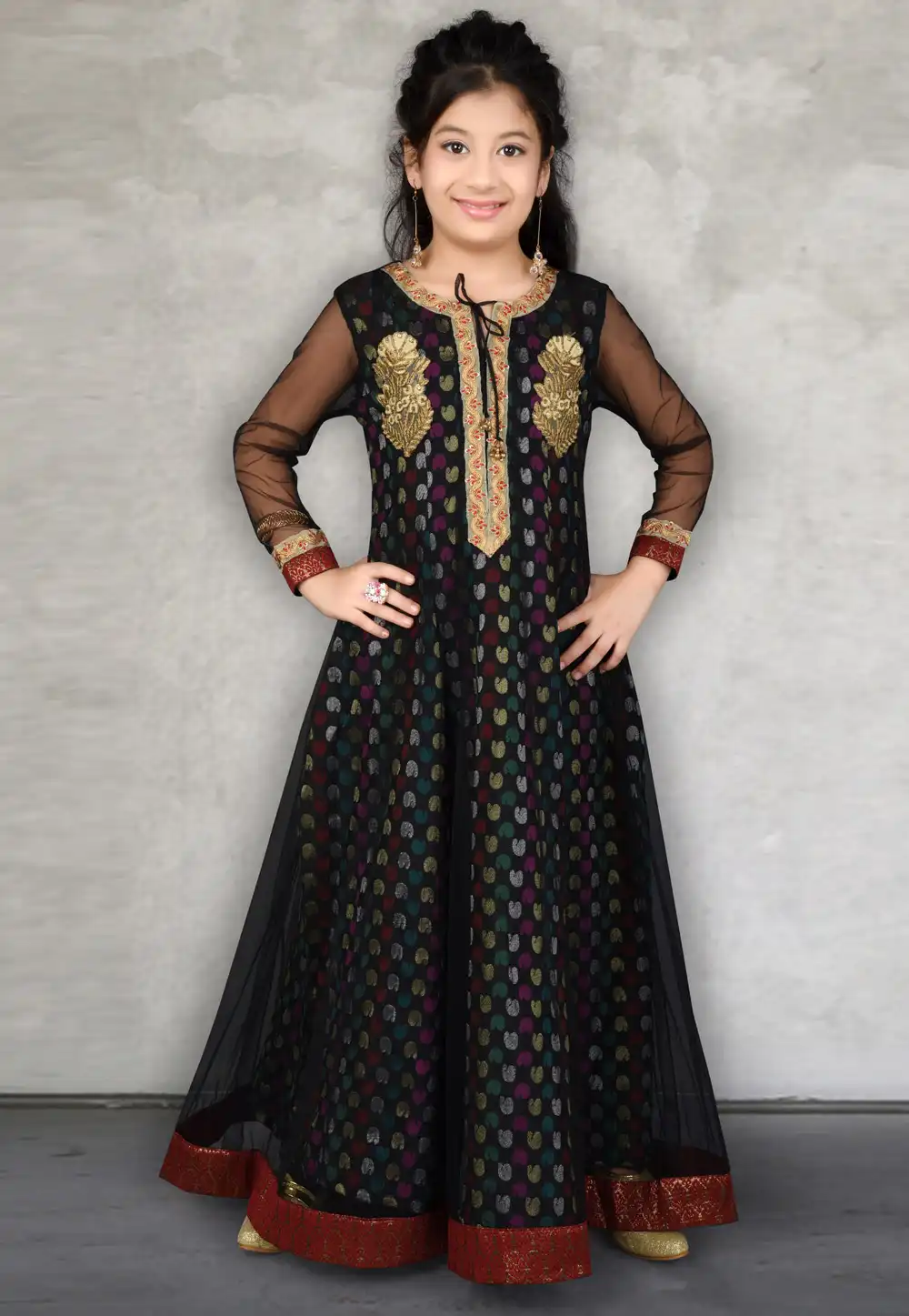 Black Brocade Kids Gown 217122