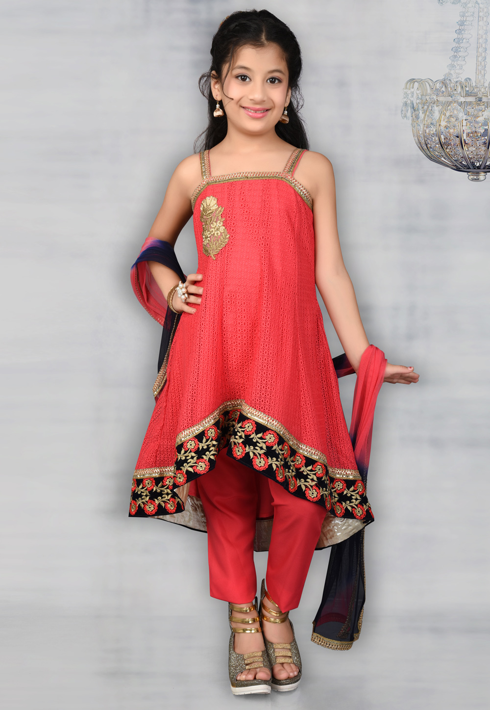 Pink Net Kids Pant Style Suit 217123