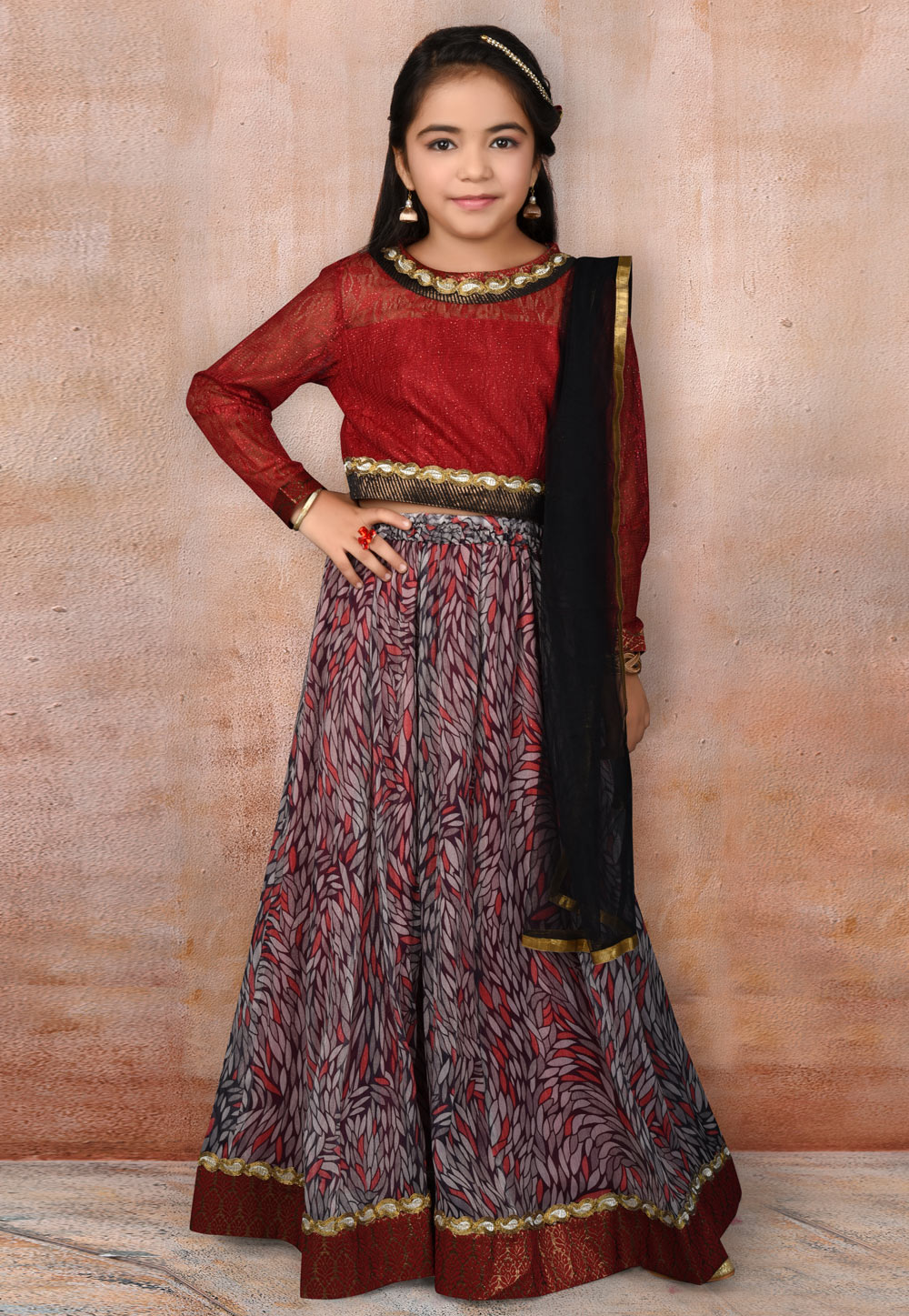 Maroon Faux Georgette Kids Lehenga Choli 217124