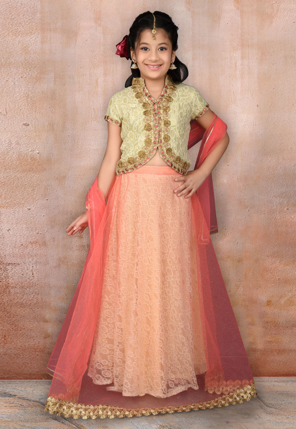 Beige Net Kids Lehenga Choli 217125