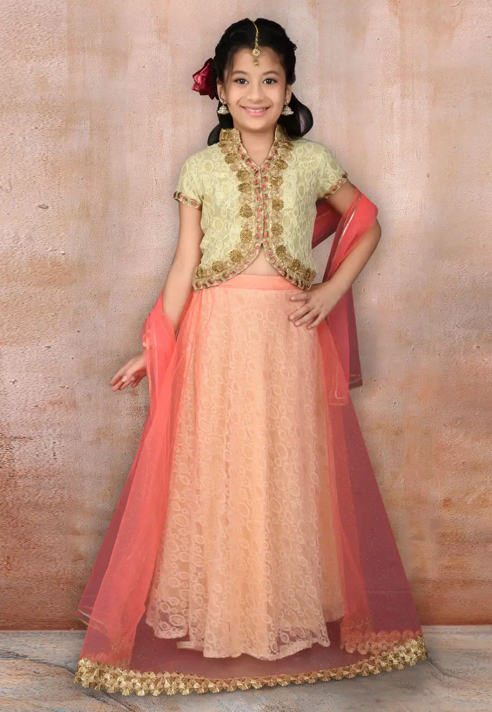 Beige Net Kids Lehenga Choli 217125