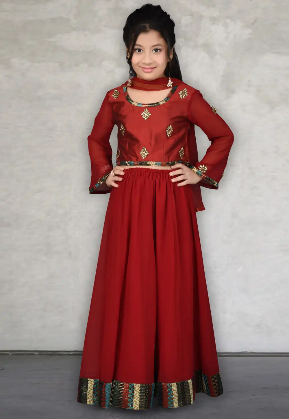 Maroon Faux Georgette Kids Lehenga Choli 217127