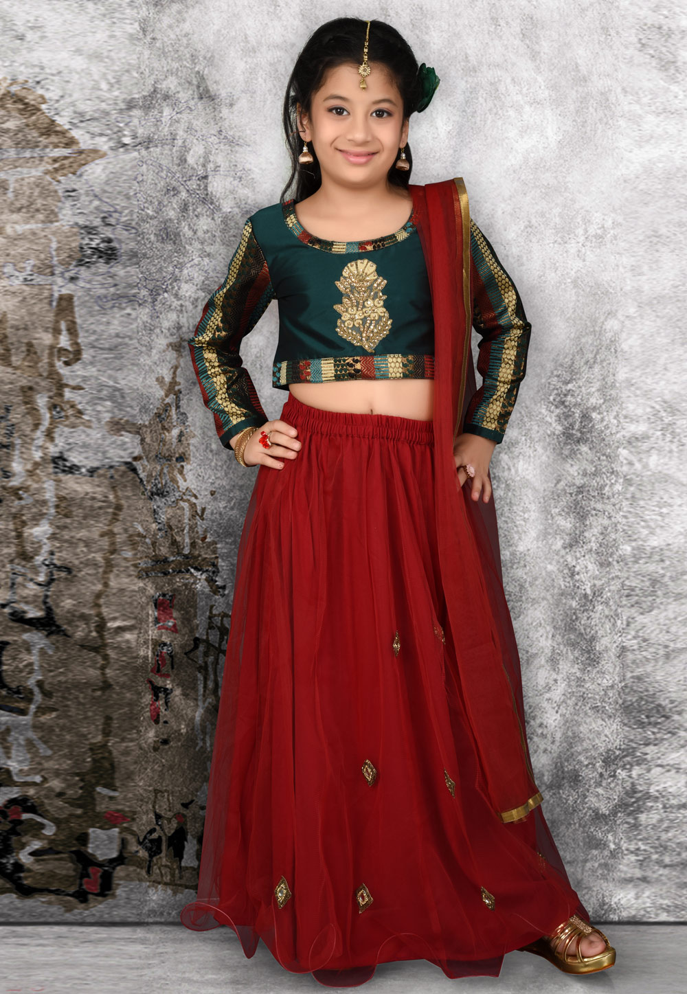 Maroon Net Kids Lehenga Choli 217128
