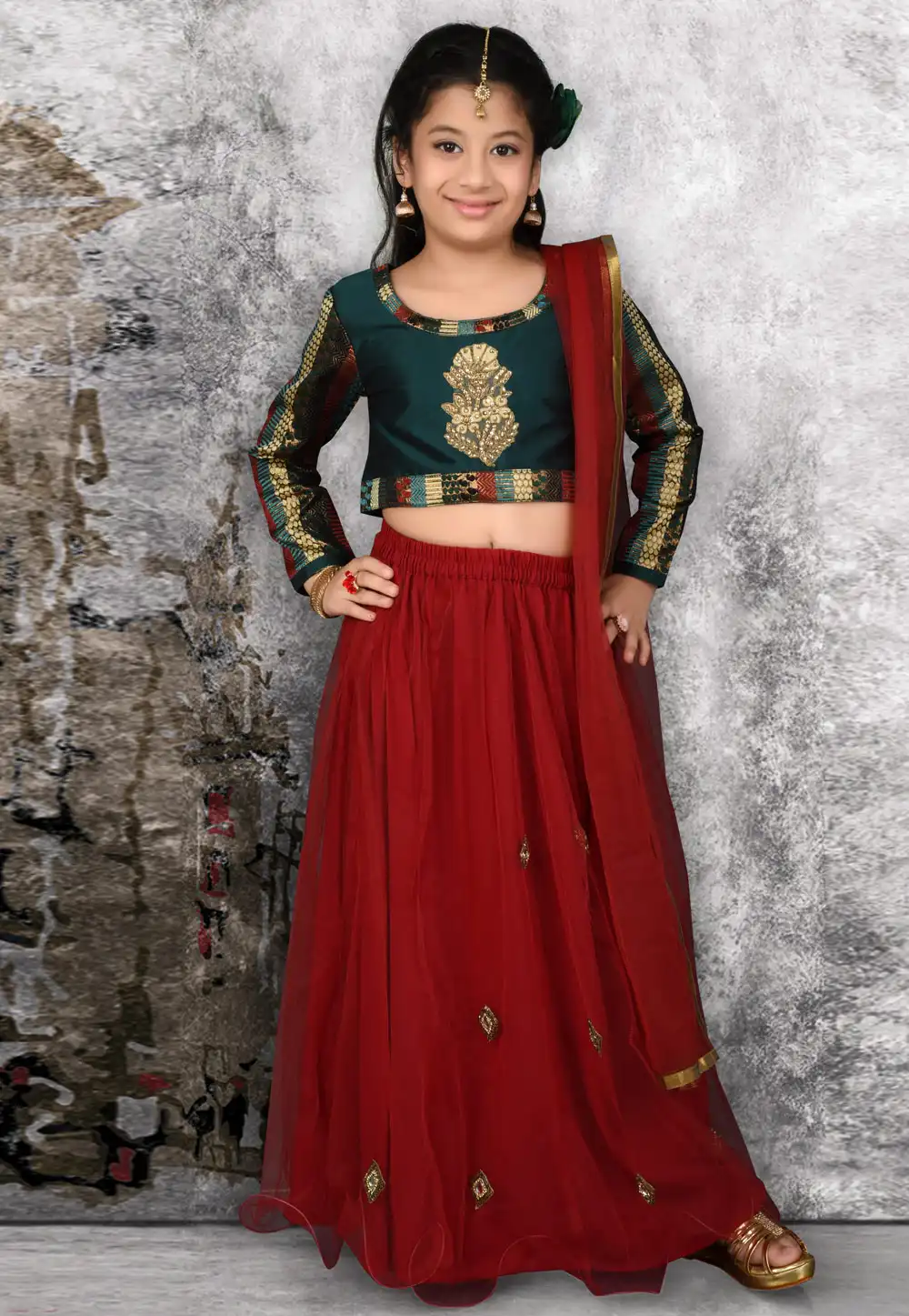 Maroon Net Kids Lehenga Choli 217128